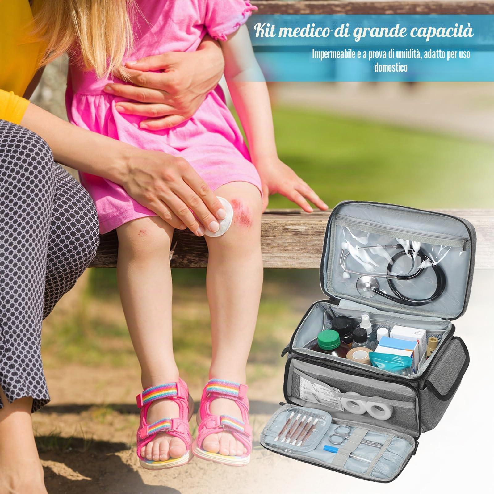 Borsa Medica Vuota, Kit di Pronto Soccorso Portatile Impermeabile, Kit Farmaci per Casa, Ufficio, Esterno, Grigio
