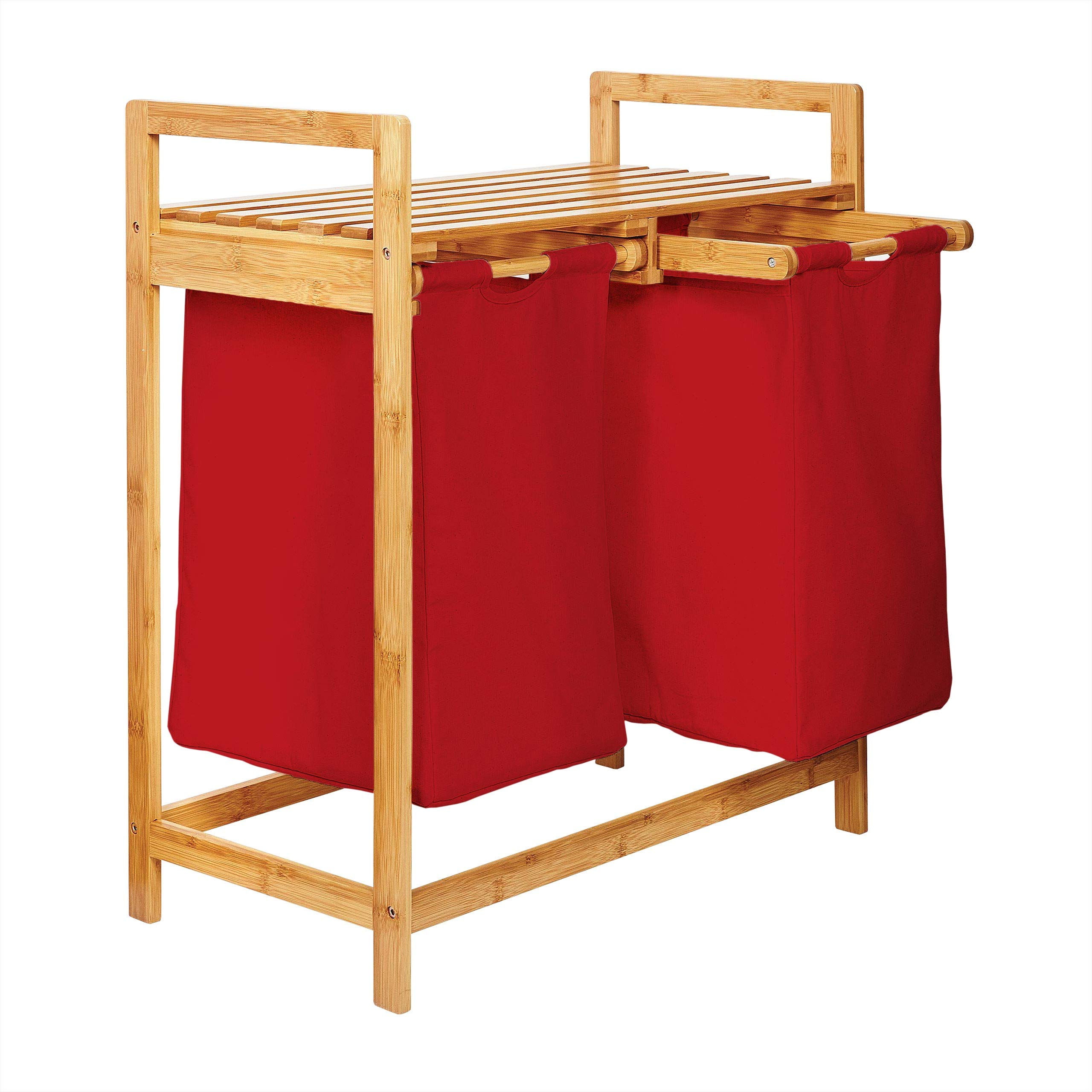 Lumaland Bamboo Laundry Basket with 2 Expandable Laundry Bags | Size Approx 73cm Height x 64cm Width x 33cm Depth Colour: Red