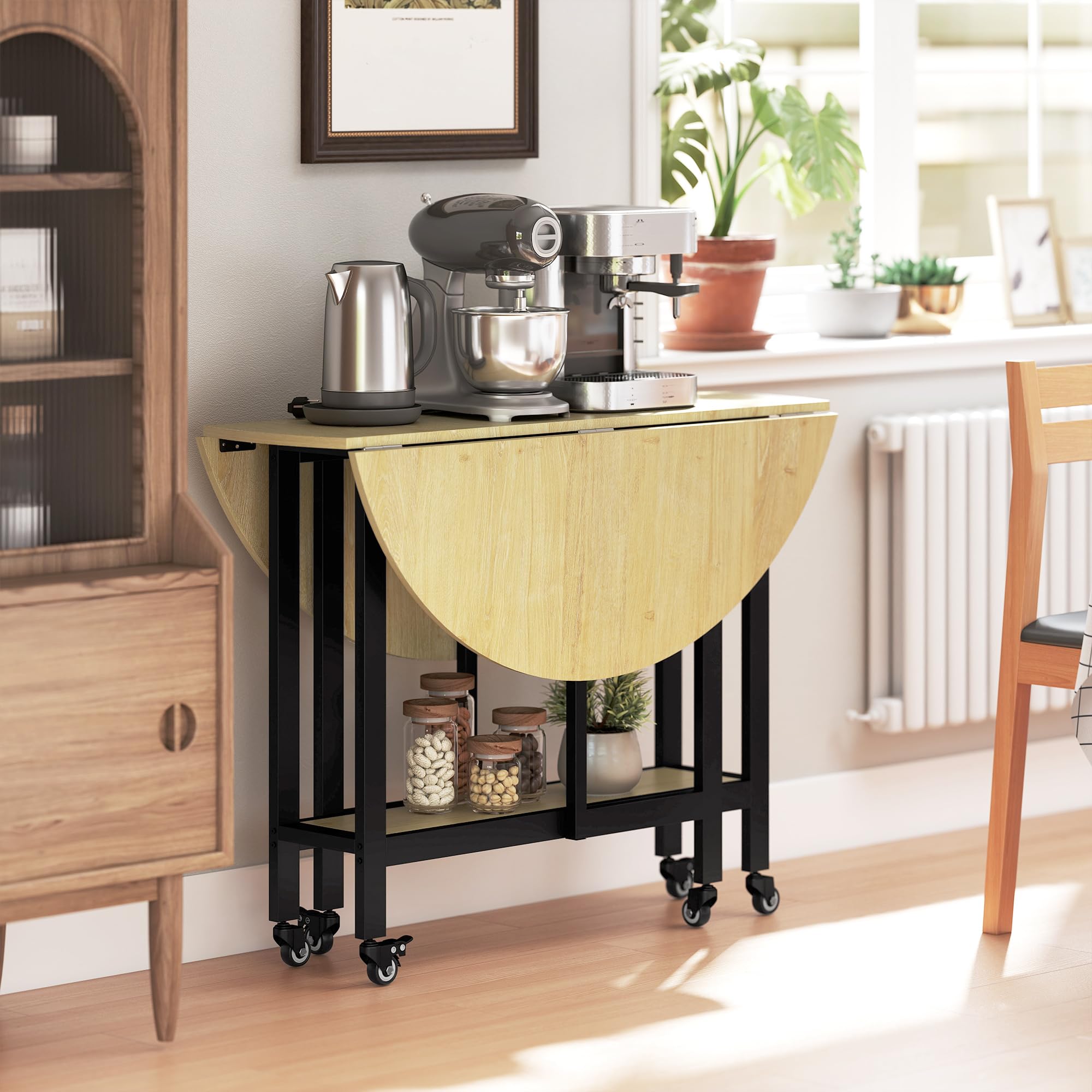HOMCOM Mesa Plegable sobre Ruedas Redonda 100 x 100 x 75 cm Roble | Mesa de cocina para 4, 2 hojas abatibles, estante inferior, espacios pequeños, comedor