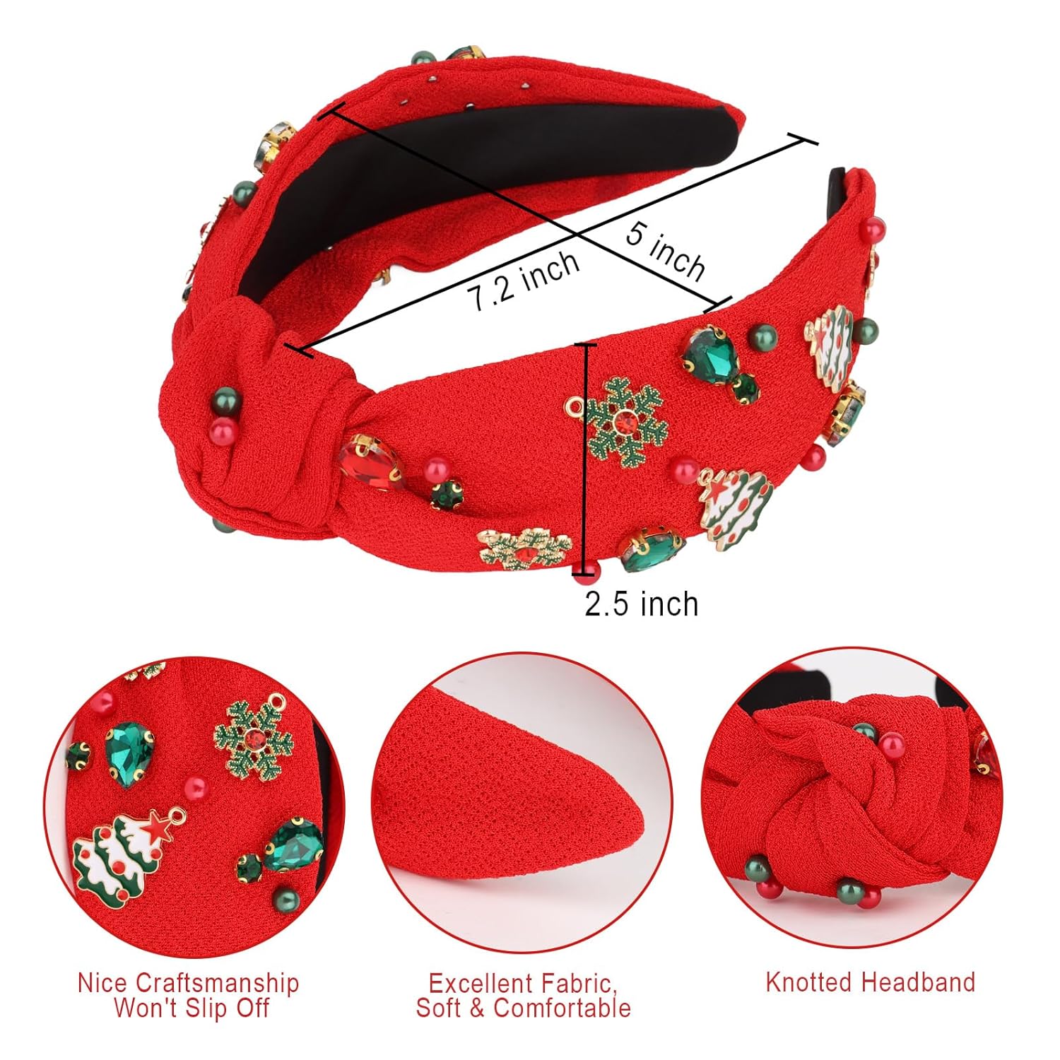 CAVETEE Christmas Headband for Women, Red Knotted Headband with Rhinestone Tree Snowflake Pearl Christmas Decorations for Women - Image 7