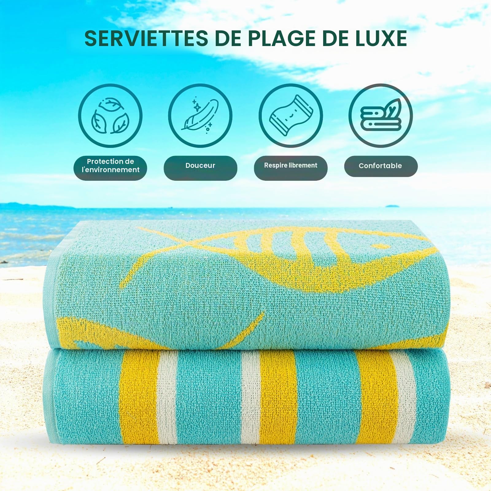 Casa Copenhagen 2 draps Bain, 600g/m², Poissons Bleu - Vert & Rayures | Miami serviettes 100% coton égyptien (150 x 75 cm) plage, douche et piscine (coffret cadeau femme et homme)