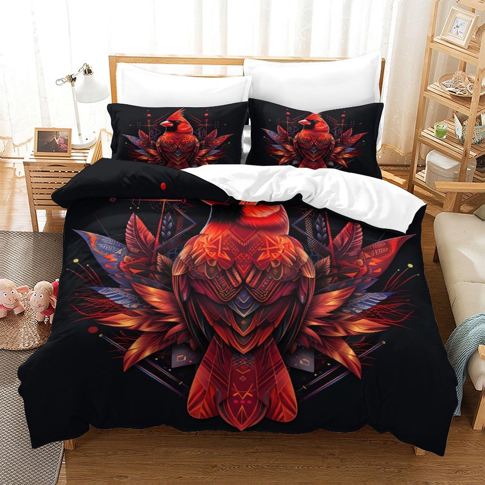 Housse de couette oiseaux colorés 3D avec 2 taies d'oreiller pour lit enfant et ado