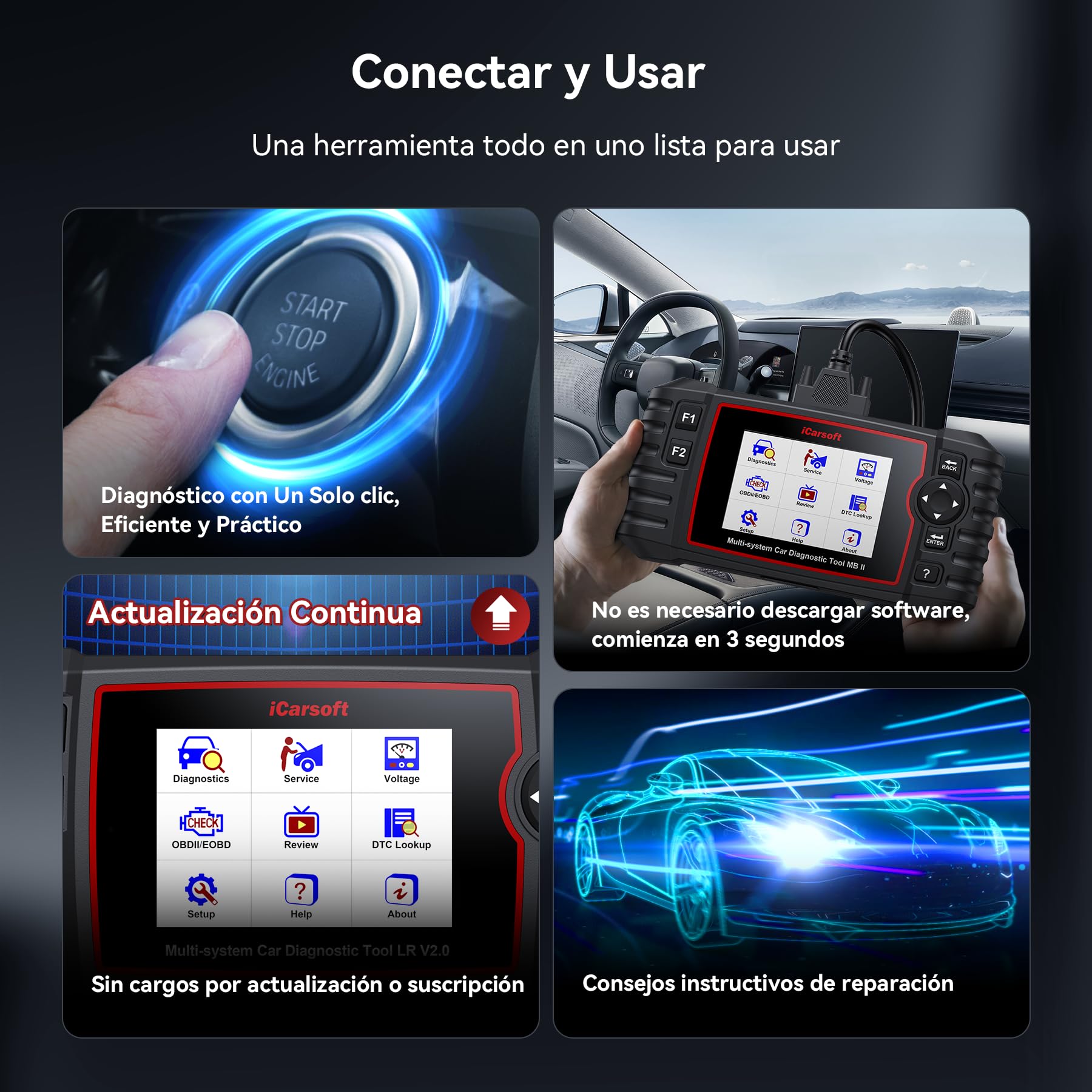 iCarsoft LR V2.0 OBD2 Máquina Diagnosis Coche para Land Rover/Jaguar, Escáner de Todo el Sistema, Detector Fallos Coche con 9 Funciones Reinicio, Prueba de Batería, Actualización de por Vida
