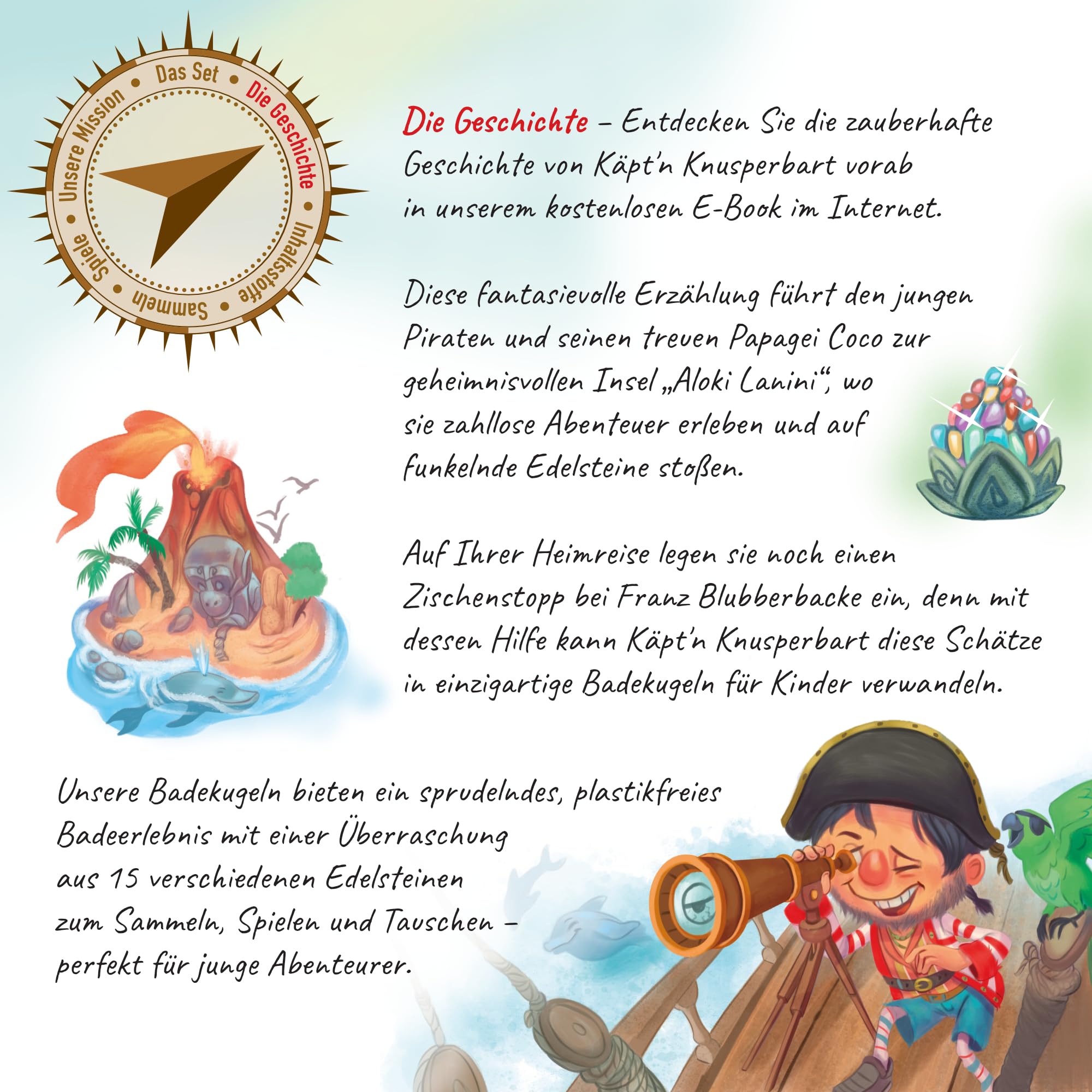 Käpt'n Knusperbart 4 bombas de baño con piedras preciosas sorpresa + cofre del tesoro + libro + pegatinas, sin plástico con ingredientes naturales, sin parafinas, aceite de palma, siliconas, SLS, PEG