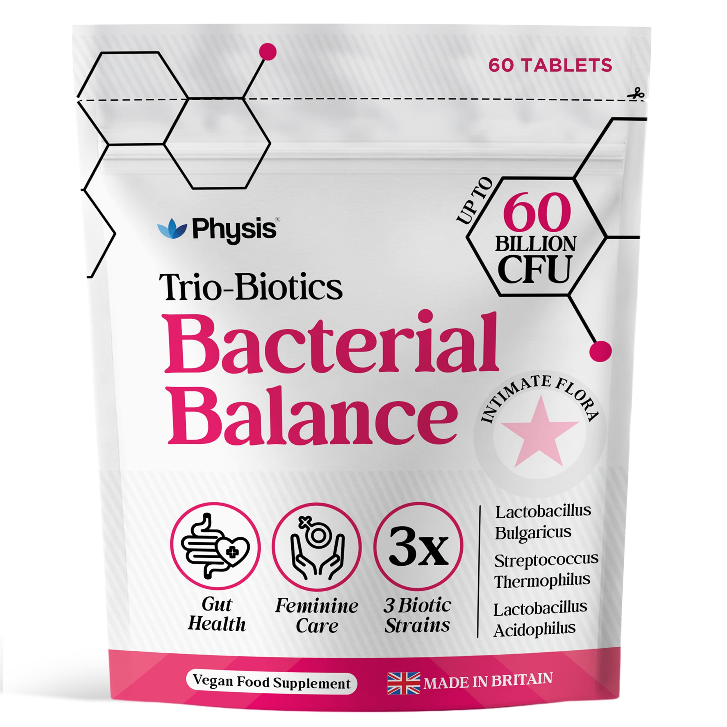 PHYSIS Oral Probiotics for Women | 60 Tablets | Feminine Care Intimate Flora | 15 Billion CFU | 3in1 Womens Flora, Gut Health, Bloating & Yeast Control