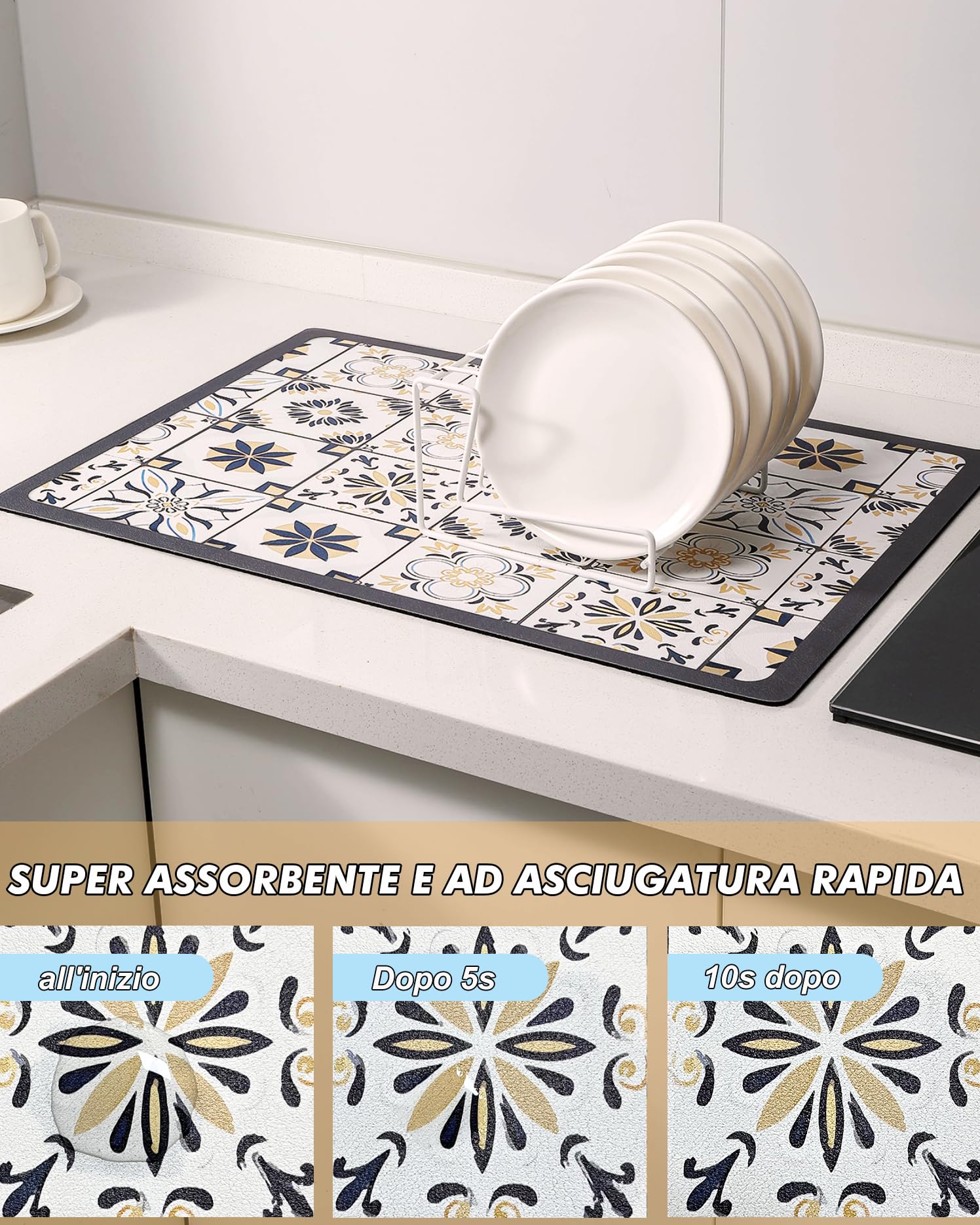 Tappetino Assorbente Cucina 60x40 cm, Antiscivolo per Macchina da Caffè e Stoviglie, Protezione Piano Lavoro Antimacchia