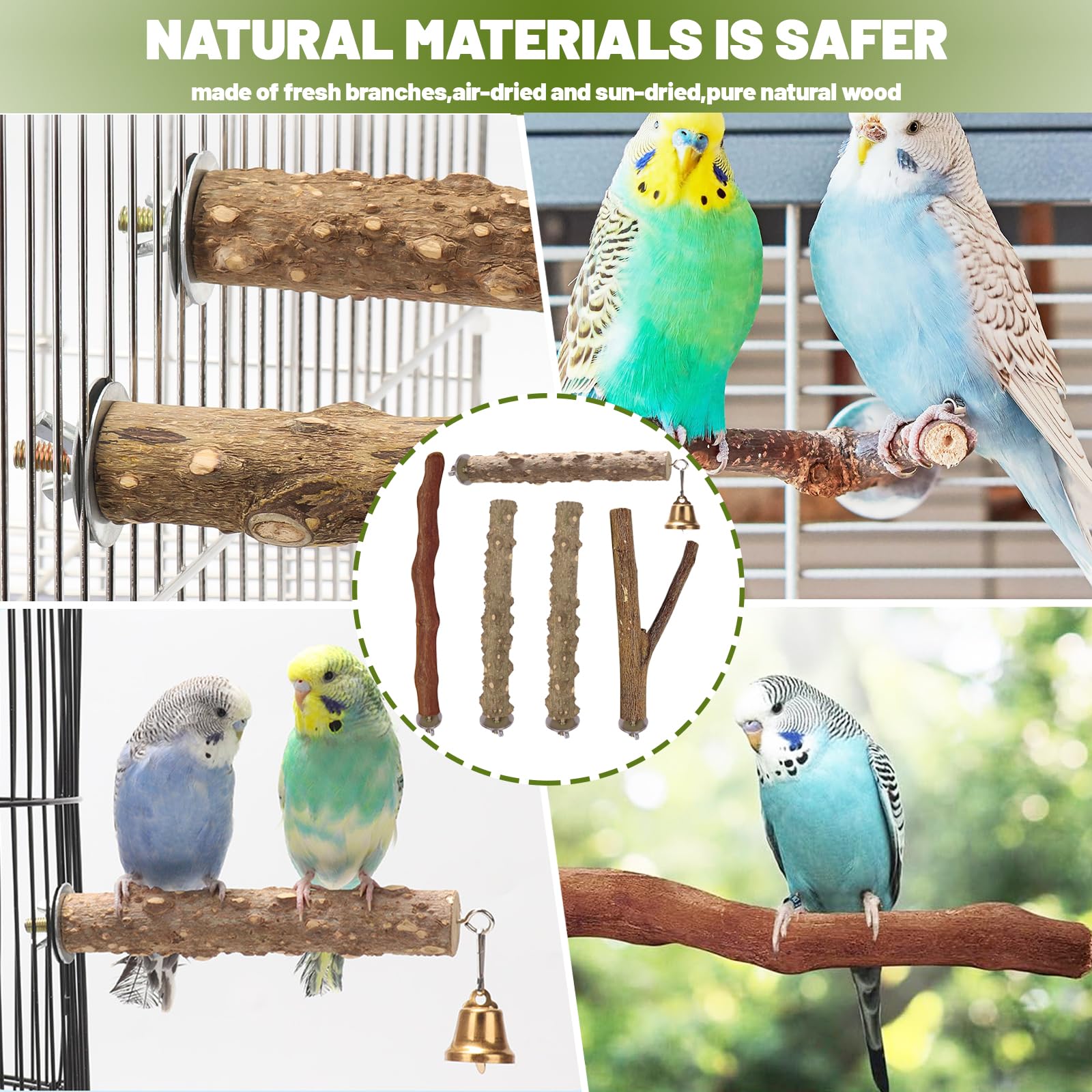 Honicemar Wooden Birdcage Perches Parrot Stand Set, 5 PCS Bird Cage Accessories with Multi-Branch Perch, Straight Perch - Image 4