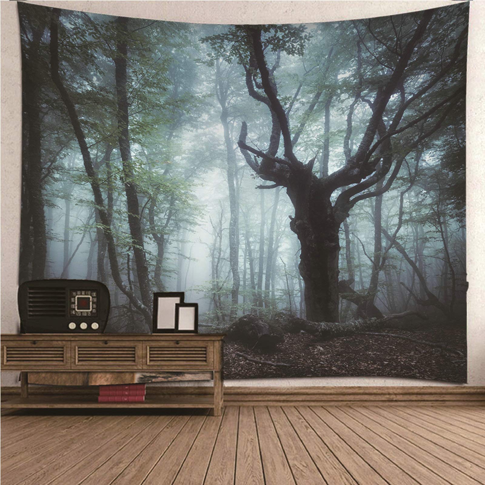 Tapiz de pared KnSam de poliéster verde 210x140 cm lavable con diseño bosque de niebla