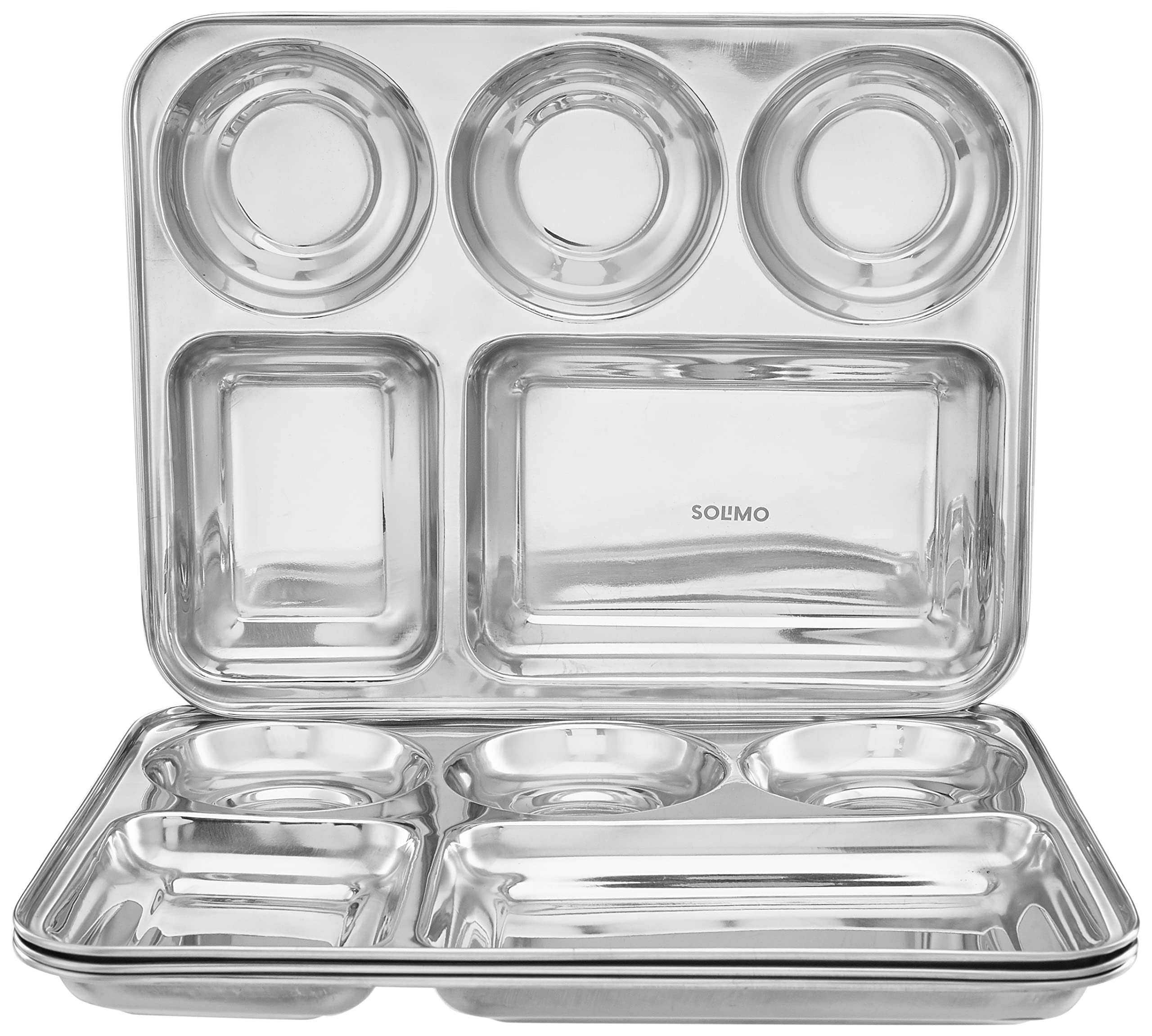 Amazon Brand - Solimo Stainless Steel 5-in-1 Rectangular Bhojan Thali Plate with Compartments, Set of 4
