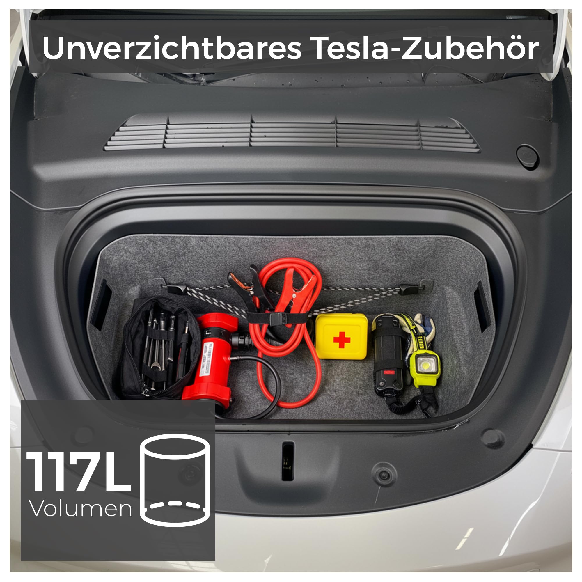 VLOX Tesla Model Y Frunk Organizer Aufbewahrungsbox – Passgenau für Modell Y 2021–2024, 117L Kapazität Auto-Aufbewahrungsbox mit 4 Schlaufen für Gurte – Praktisches Tesla-Y-Zubehör