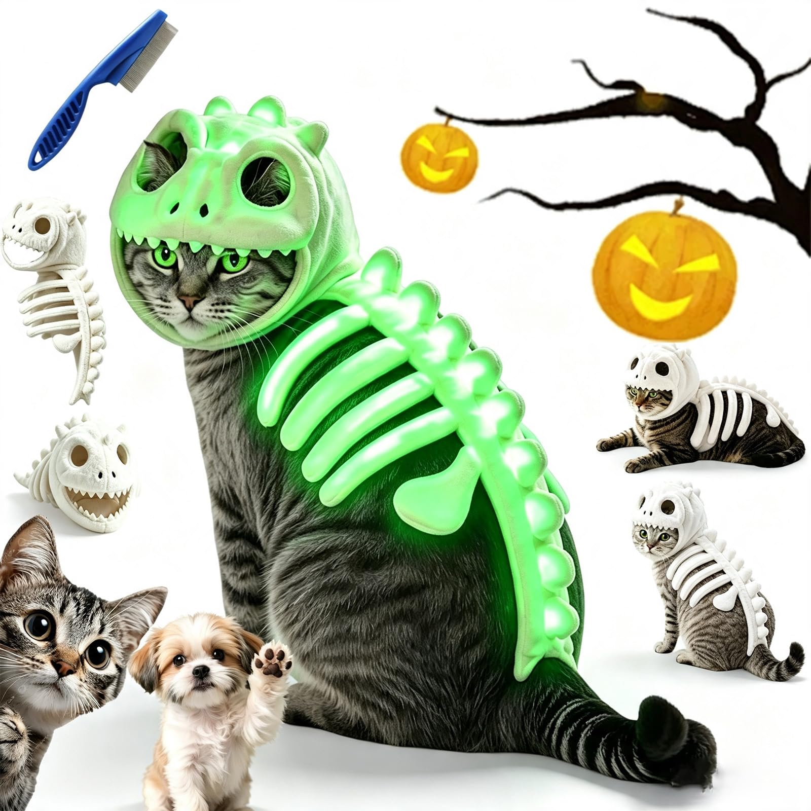 Dinosaur Skeleton Cat Costume Glow in the Dark Halloween Pet Outfit (M)