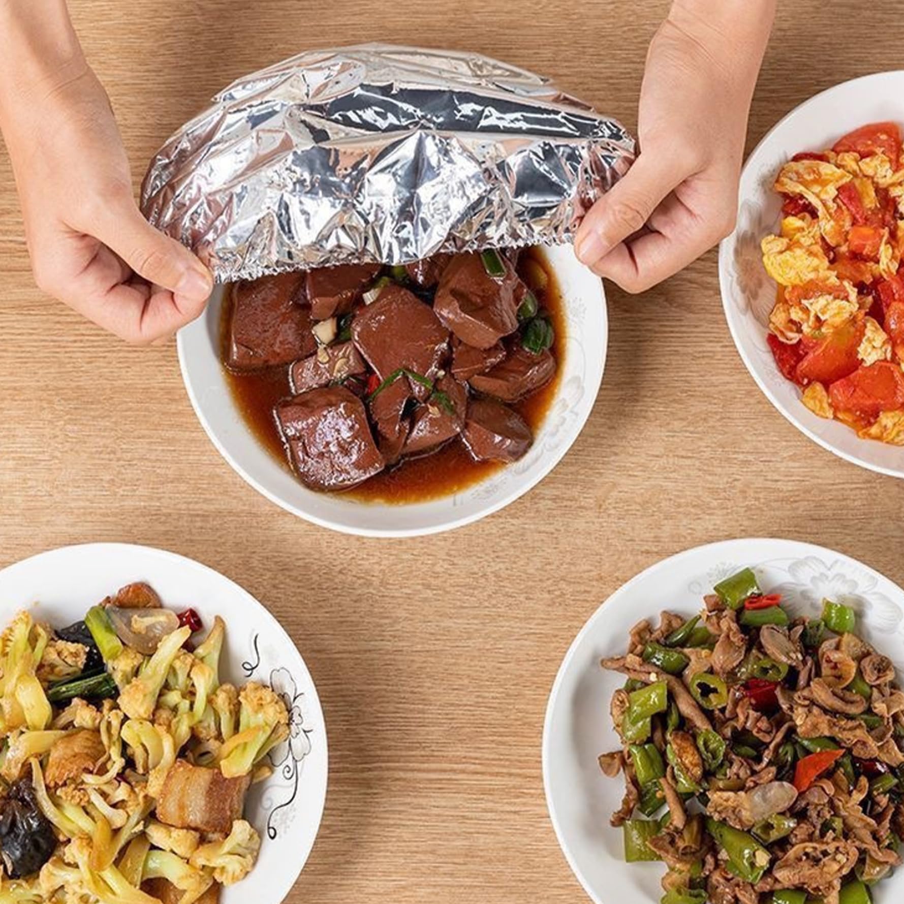 50pz Coperture per Alimenti per Esterni, Riutilizzabili, in Foglio di Alluminio, Elastiche, per Ciotole, da Cucina, per Conservare la Freschezza, Pellicola Isolante, per Asporto, Casa, Picn