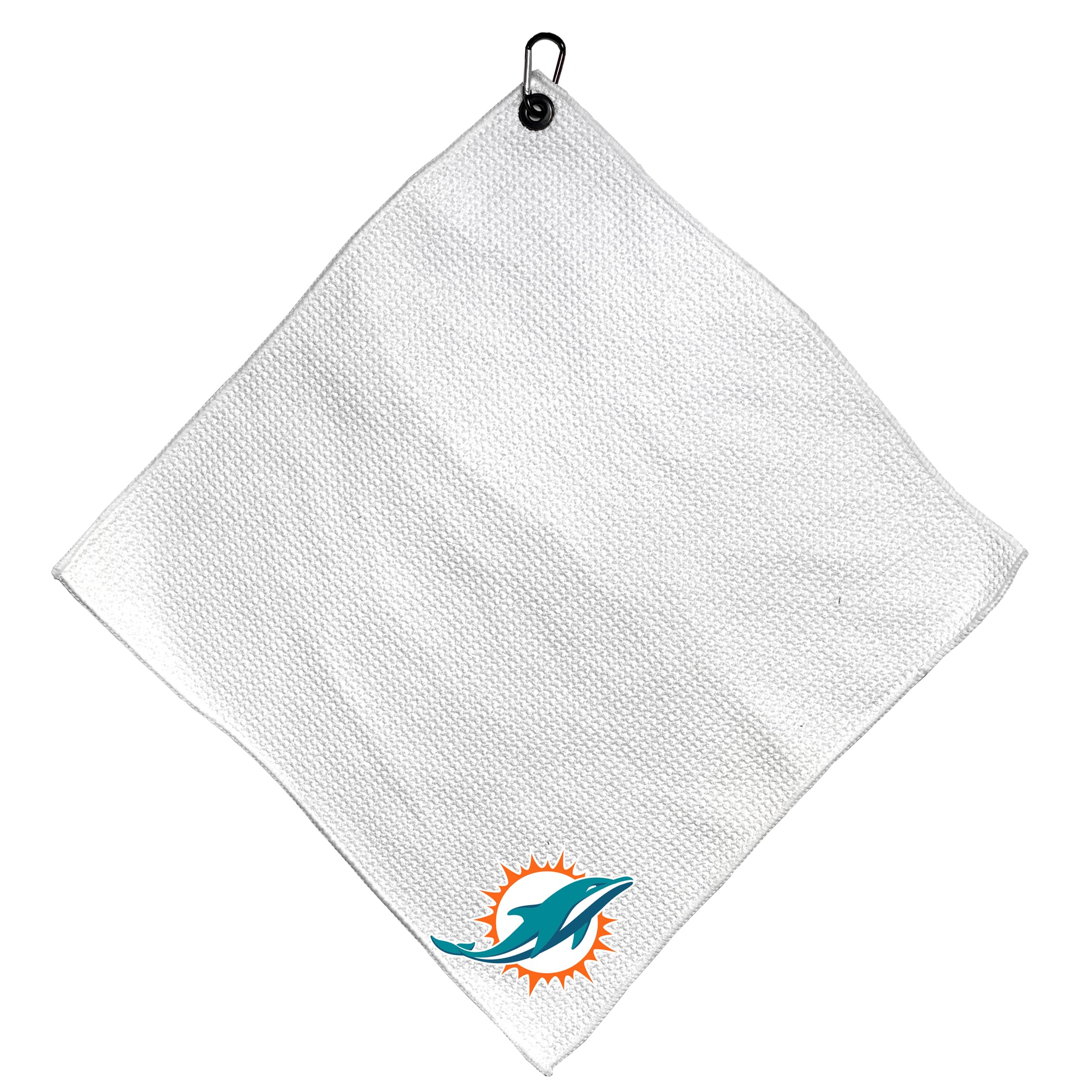 Team Golf NFL Miami Dolphins Microfiber Towel - 15" X 15" (White) with Carabiner Clip, Premium Microfiber with Deep Waffle Pockets - Superior Water