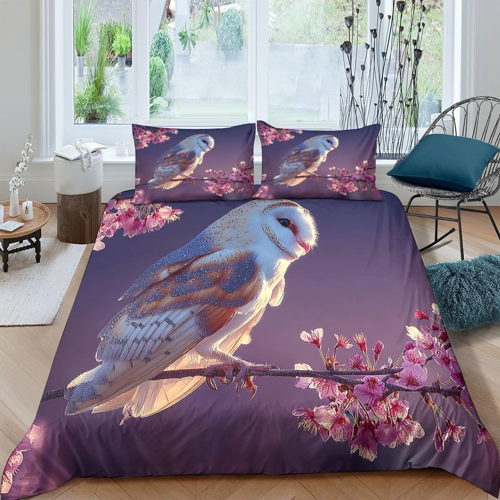Ctjqhvkz Style-5 3D Printed White Owl Fitted Sheet Microfiber Soft Purple Blossom Bed Sheet For Bedroom Guest Room Decor Single（135X200cm）