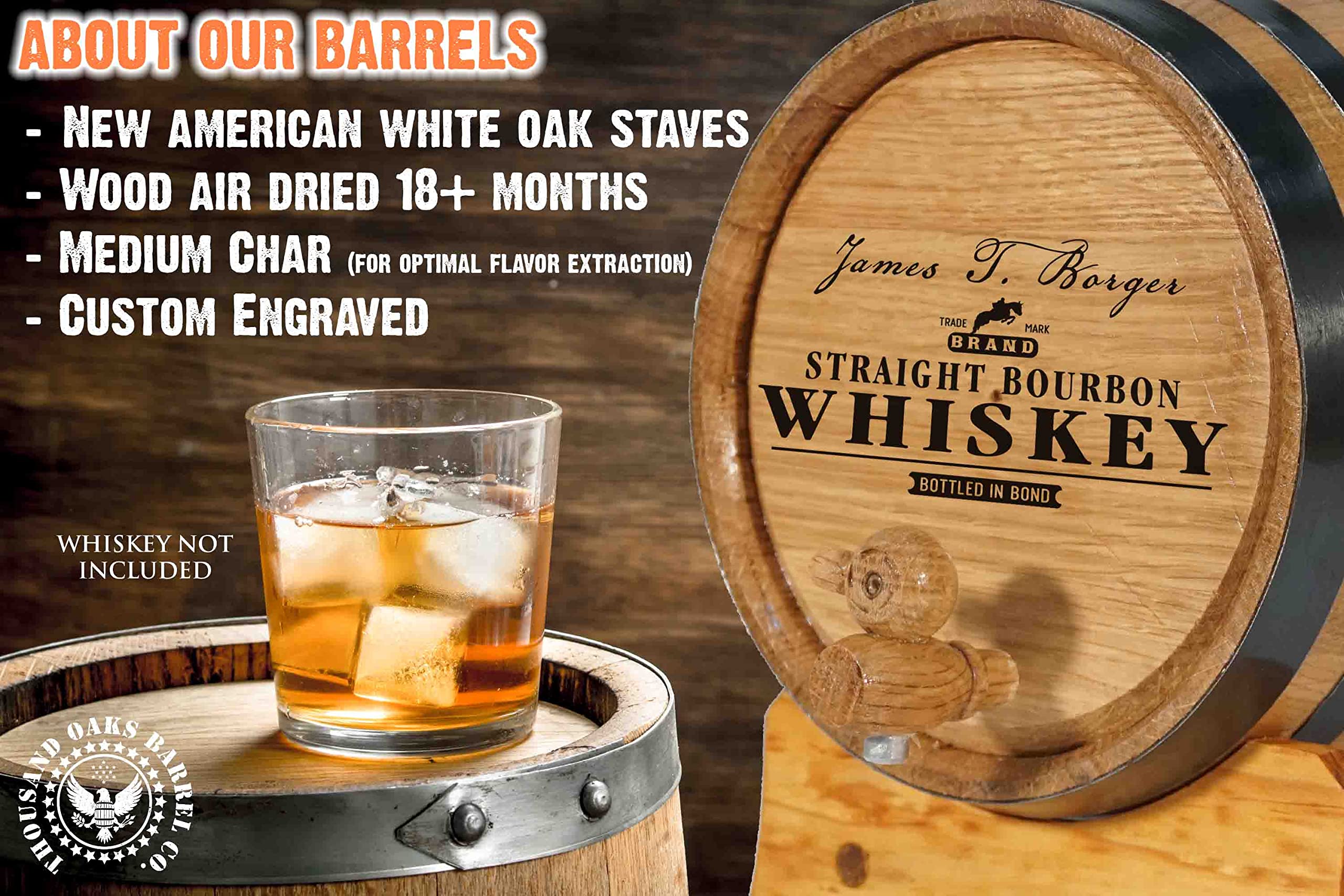 Personalized American White Oak 10 Liter Barrel with Stand, Bung, and Spigot - For The Home Brewer, Distiller, Wine Maker and Cocktail Aging Bartender (B359)