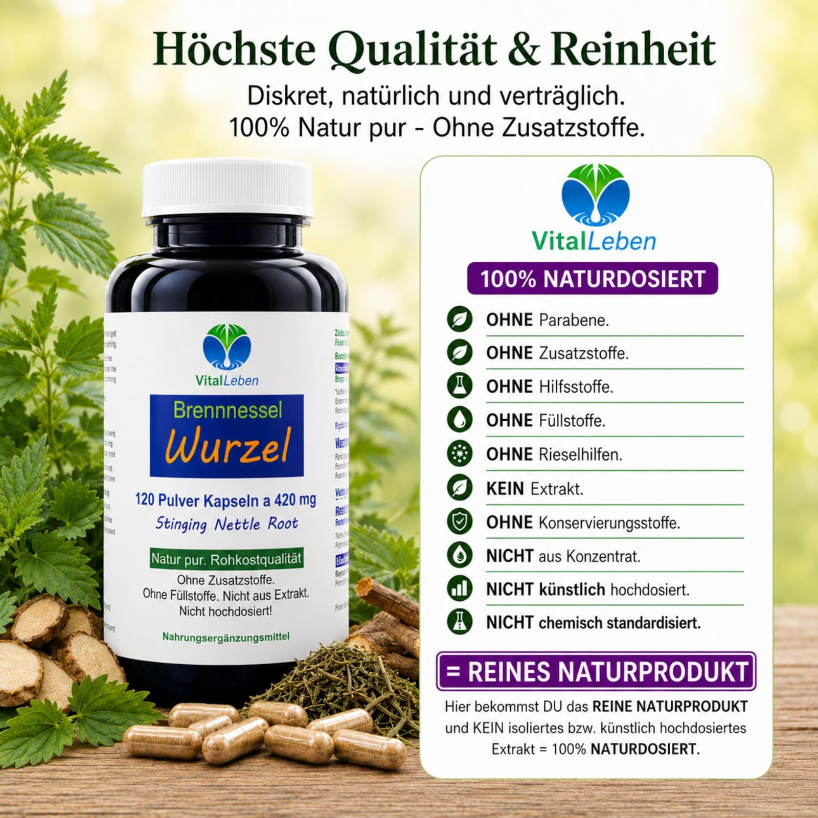 BRENNNESSELWURZEL 360 (3x120) Pulver Kapseln NATUR PUR Brennnessel Wurzel zur FREUDE von BLASE & PROSTATA nach Hildegard von BINGEN nicht aus Extrakt OHNE ZUSATZSTOFFE 26950-3
