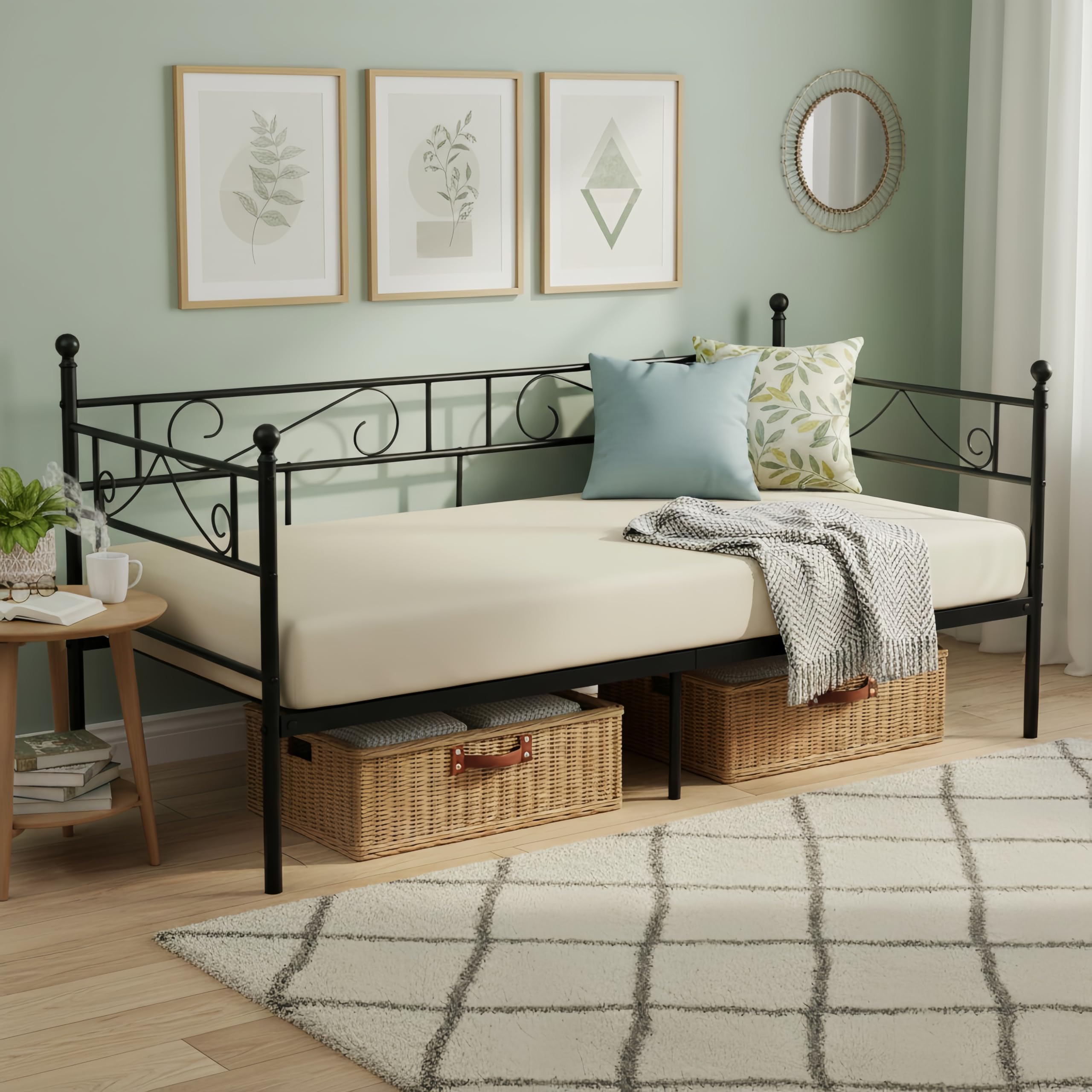 Tagesbett Metallbett Bettgestell 90x190 cm,Einzelbetten,Daybed mit edlen Mustern,Bett mit Stauraum,Gästebett Jugendbett Bettsofa für Schlafzimmer Wohnzimmer passend,Schwarz