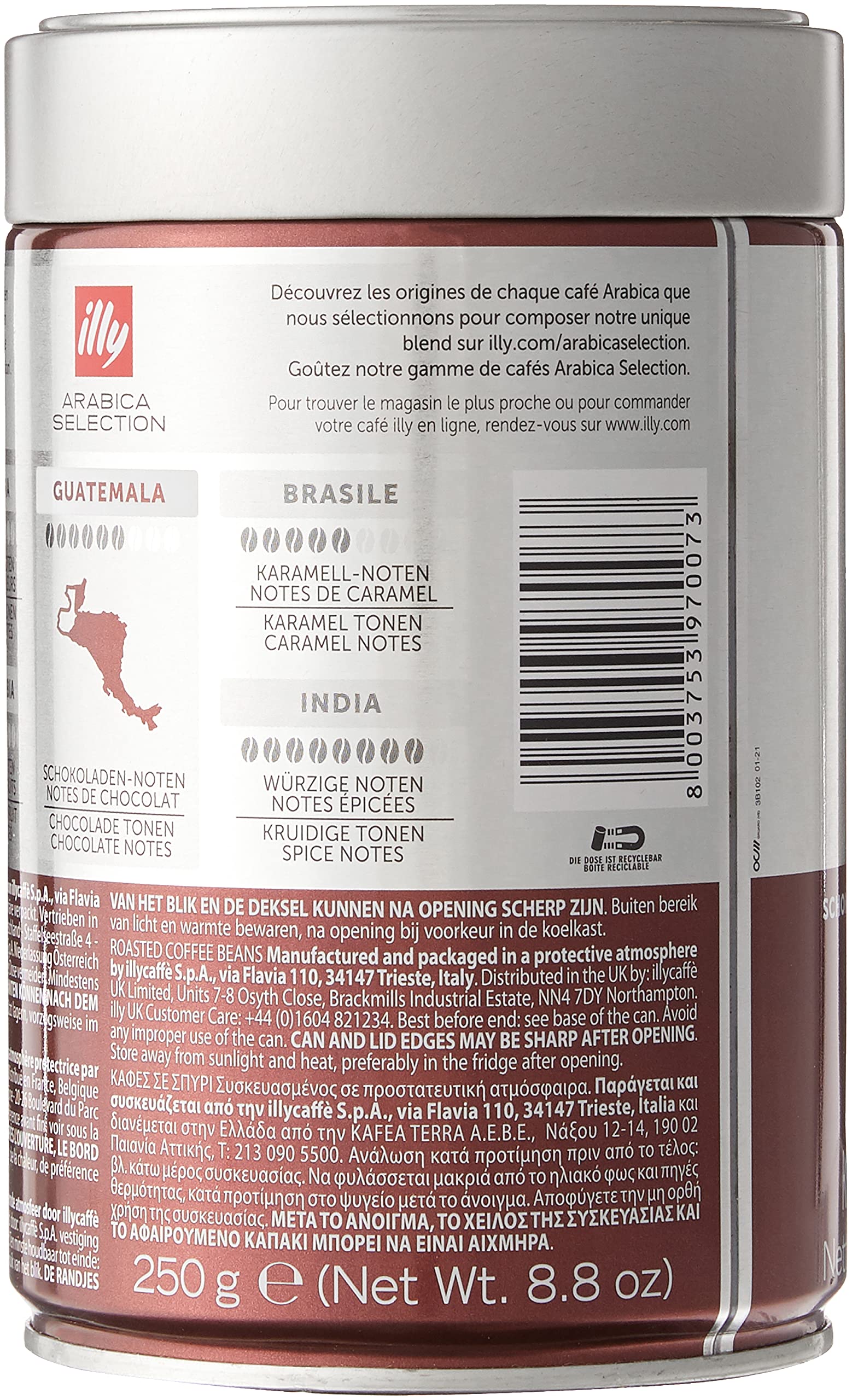 Illy Café en Grano Torréfié Arábica Selección Guatemala, 6 cajas de 250 g