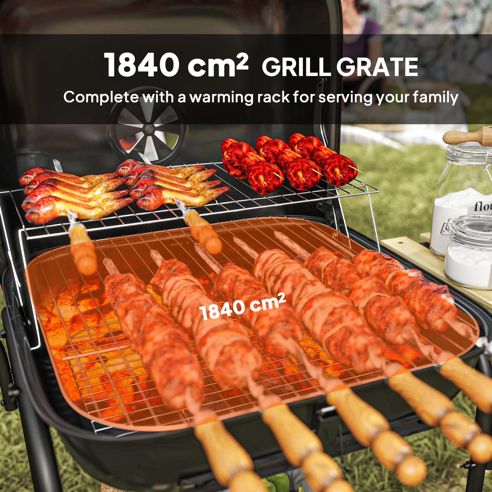 Outsunny Holzkohlegrill Tragbarer BBQ Grill mit 1840cm² Kochfläche, 3 Ablagen, verstellbarer Entlüftung, abschließbarer Deckel, Räder für Kochen im Freien, Gartenparty, Rot | 1840 cm² Kochfläche, verstellbarer Lüftungsschlitz, verschließbarer Deckel, Räde