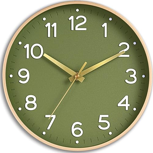 Reloj de pared verde silencioso de 14 pulgadas, funciona con pilas, moderno reloj analógico sin tictac decorativo para sala de estar, dormitorio,
