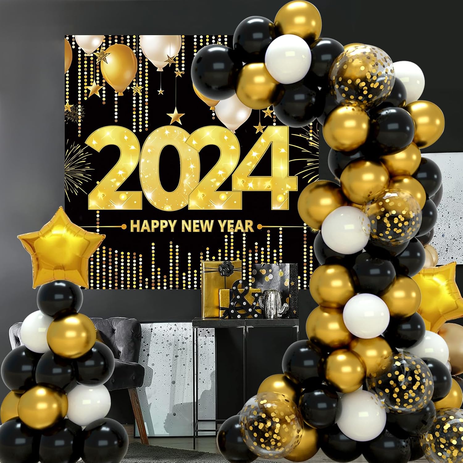 Decoraciones de Año Nuevo 2024-Kit de arco de 100 globos negros y