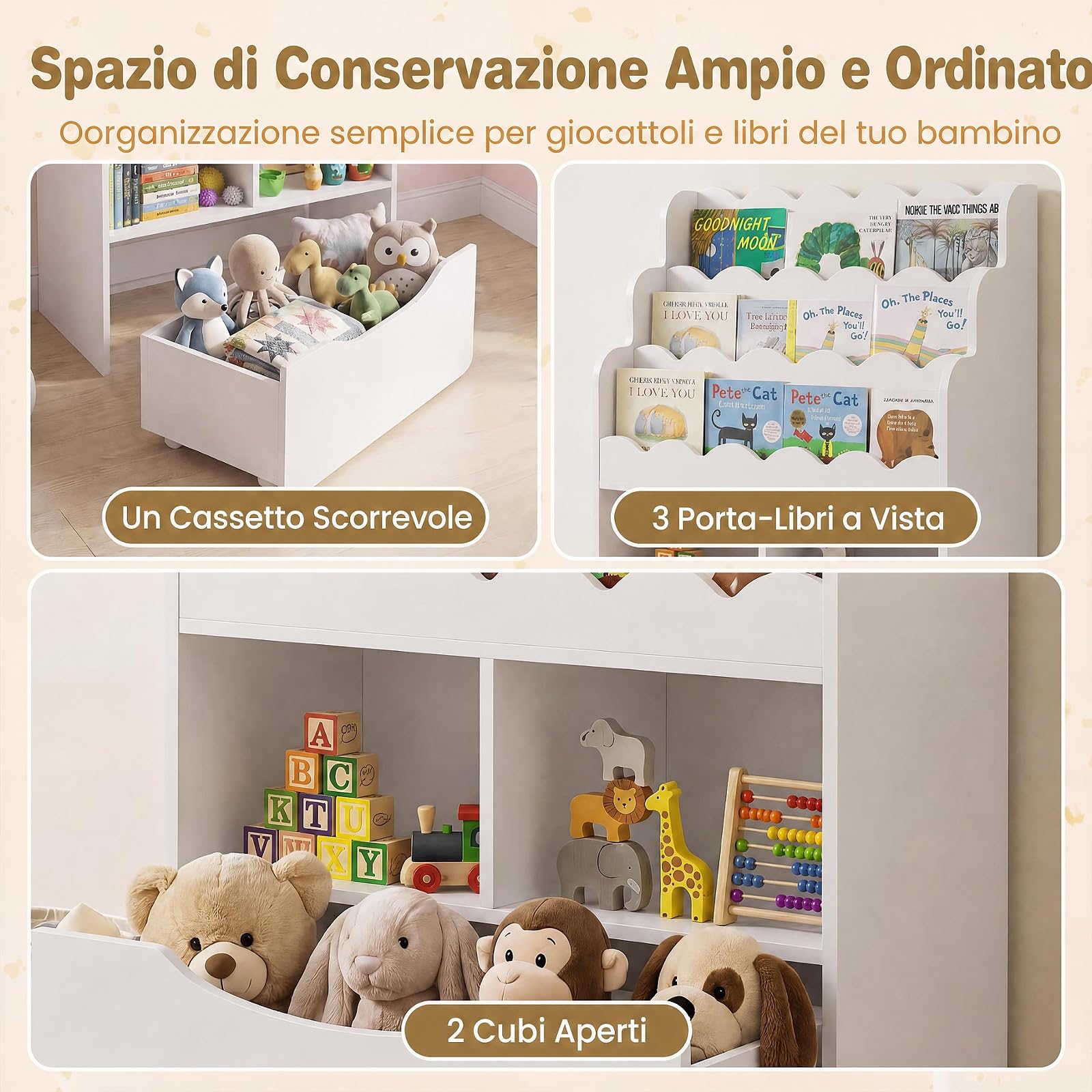 RELAX4LIFE Libreria Montessori per Bambini in Legno con Rotelle (Bianco)