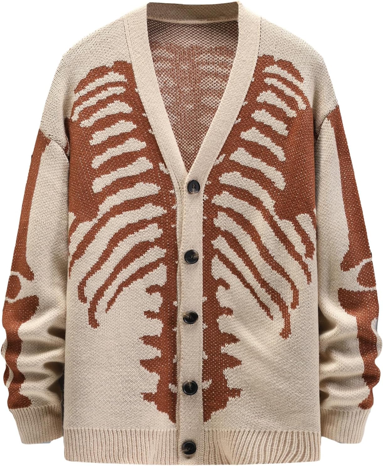 SHENHE Men's Skeleton Pattern Cardigan Sweaters Long Sleeve Unisex Outwear Knitted Coats Brown and Apricot XL