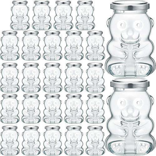 Patelai Paquete de 24 tarros de vidrio de 6 onzas con tapas plateadas, reutilizables, pequeños con forma de oso de miel, recipientes dispensadores