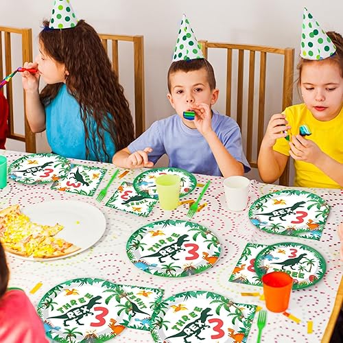 Miniatura 7 de 96 piezas de dinosaurios 3er cumpleaños suministros para 3 cumpleaños Rex juego de vajilla 3 T-Rex platos desechables 3 años de edad, platos