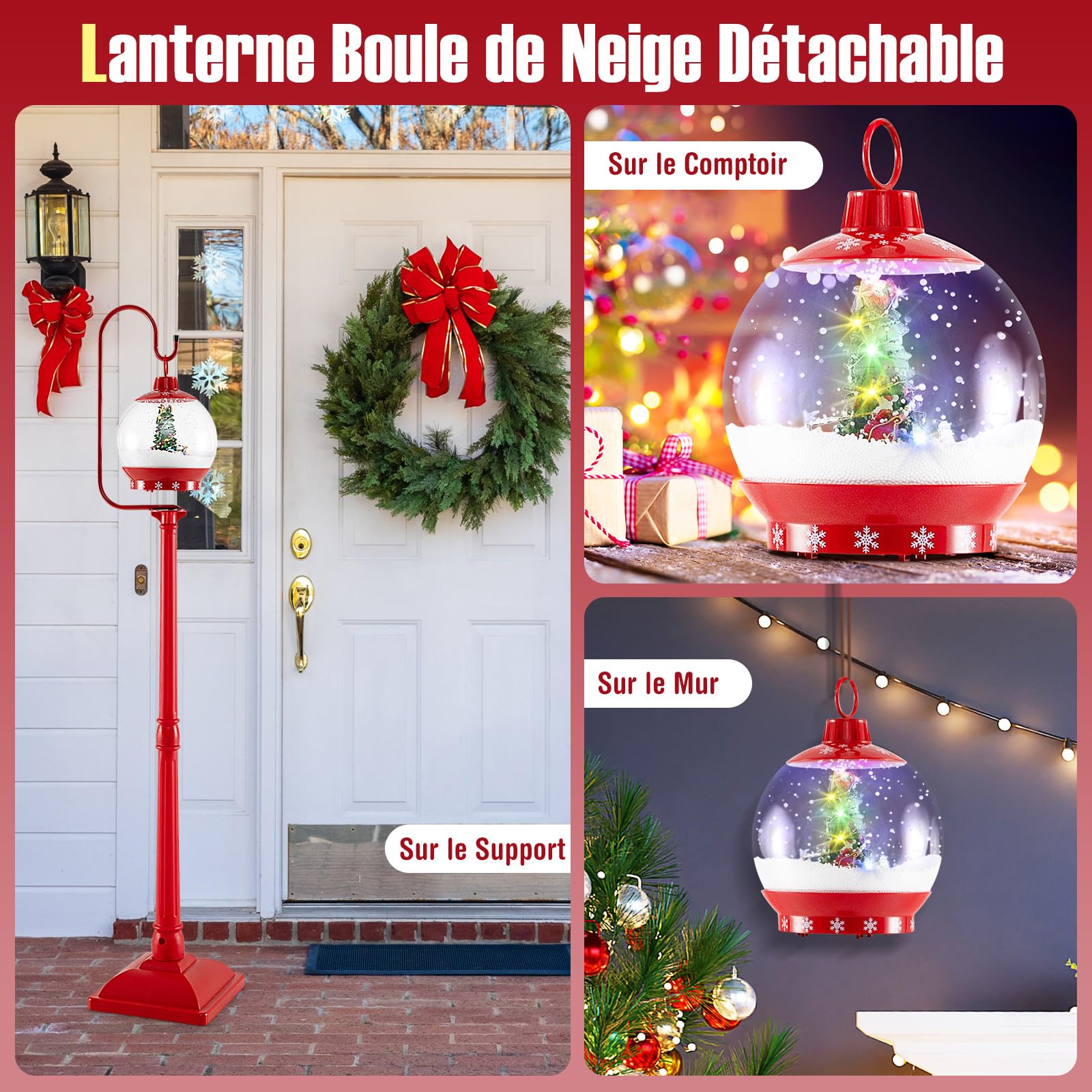 COSTWAY Lampadaire Musical de Noël de 173 cm, Lampadaire avec Lanterne à Boule de Neige Activée par Le Son Arbre Rotatif Père Noël Cerf Bonhomme de Neige, Décoration Lampe pour Maison Porche