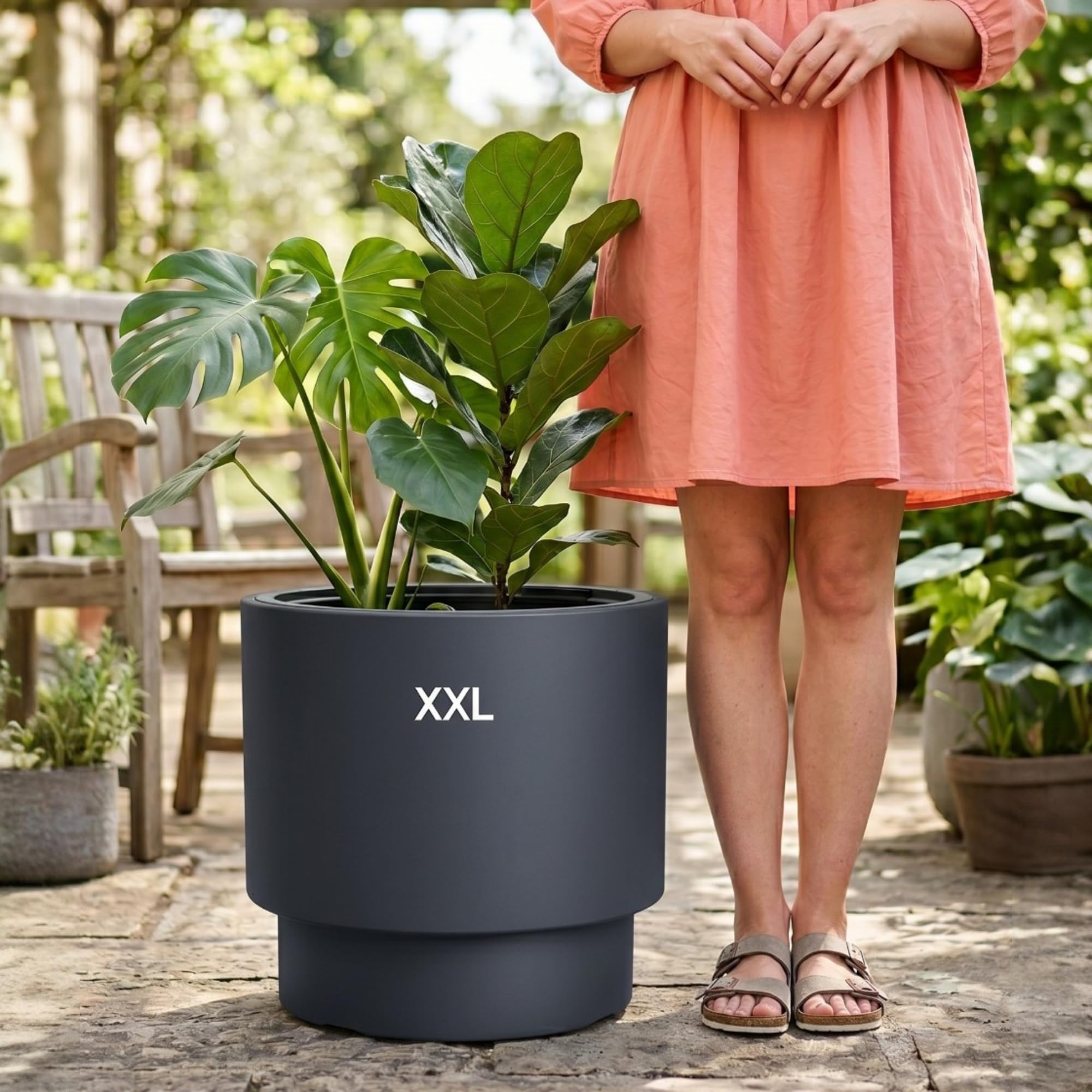 MELTOM Blumenkübel mit Einsatz Bewässerungssystem Anthrazit XXL 47 cm für Innen und Außen
