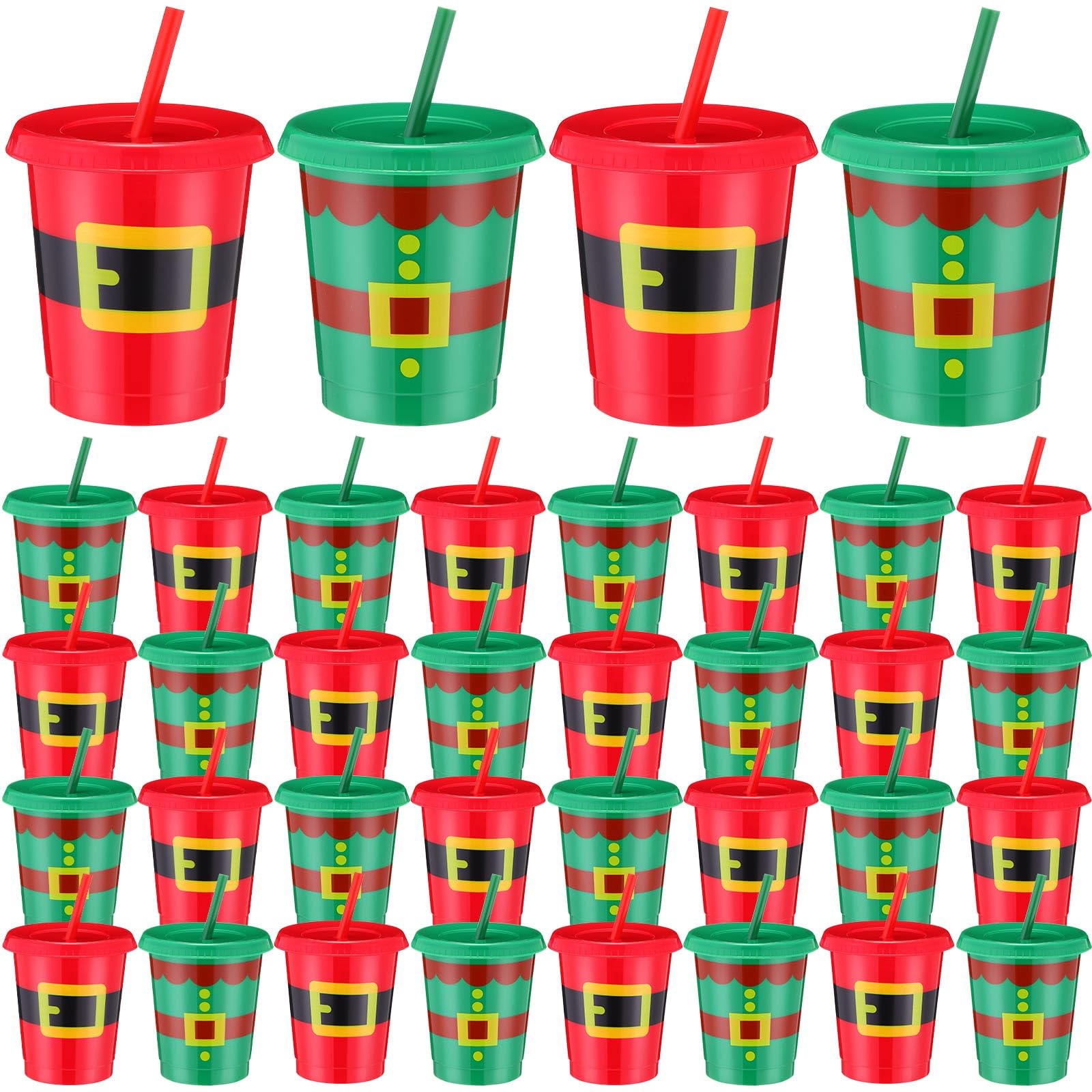 Yiyiring 36 Pcs Christmas Cups with Straws and Lids 16 Oz Santa Elf Belt Plastic Christmas Cups Tumbler