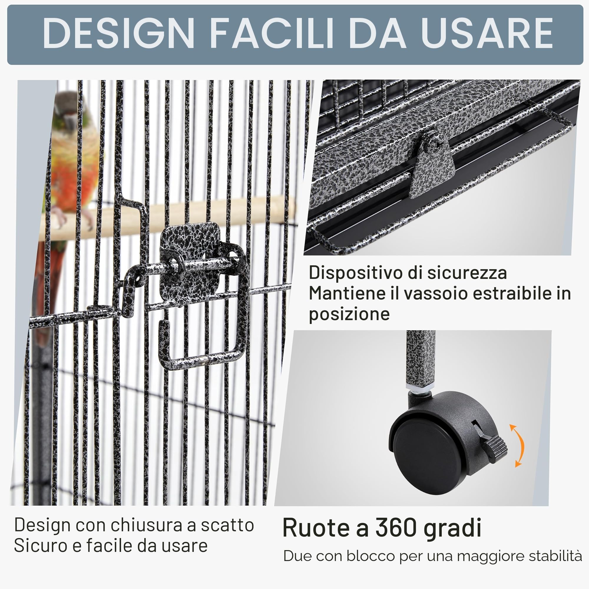 Yaheetech Gabbia per Uccelli in Metallo 45,5 cm x 45,5 cm x 89,5 cm con Posatoio Mangiatoia Vassoio con Ruote per Pappagallini Canarini Fringuelli Nera