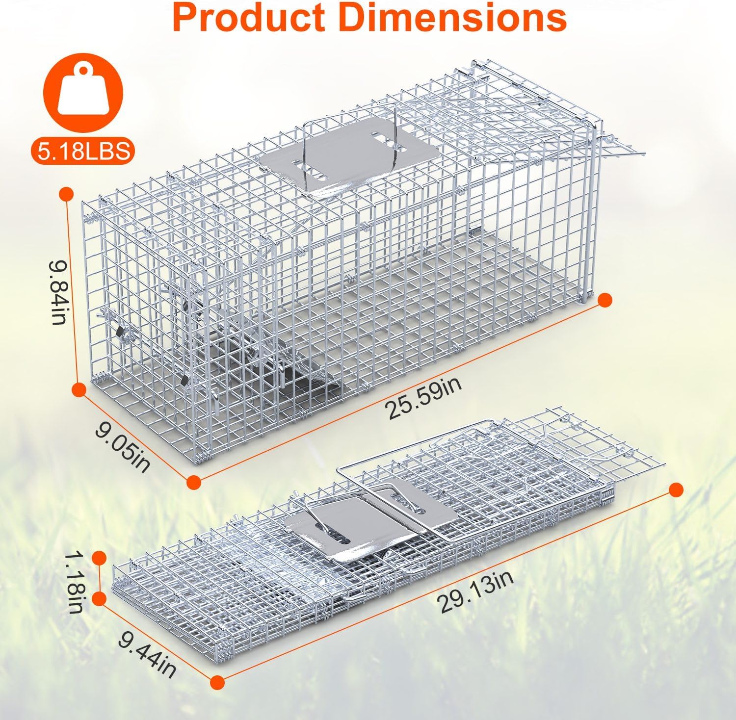 KOCASO 25.59" Live Animal Cage Trap,Collapsible Galvanized Wire with Pedal Triggers,Indoors/Outdoors Humane Cat Trap for Stray Cats,Squirrel,Raccoons,Mouse,Groundhogs, Foxes,Armadillos