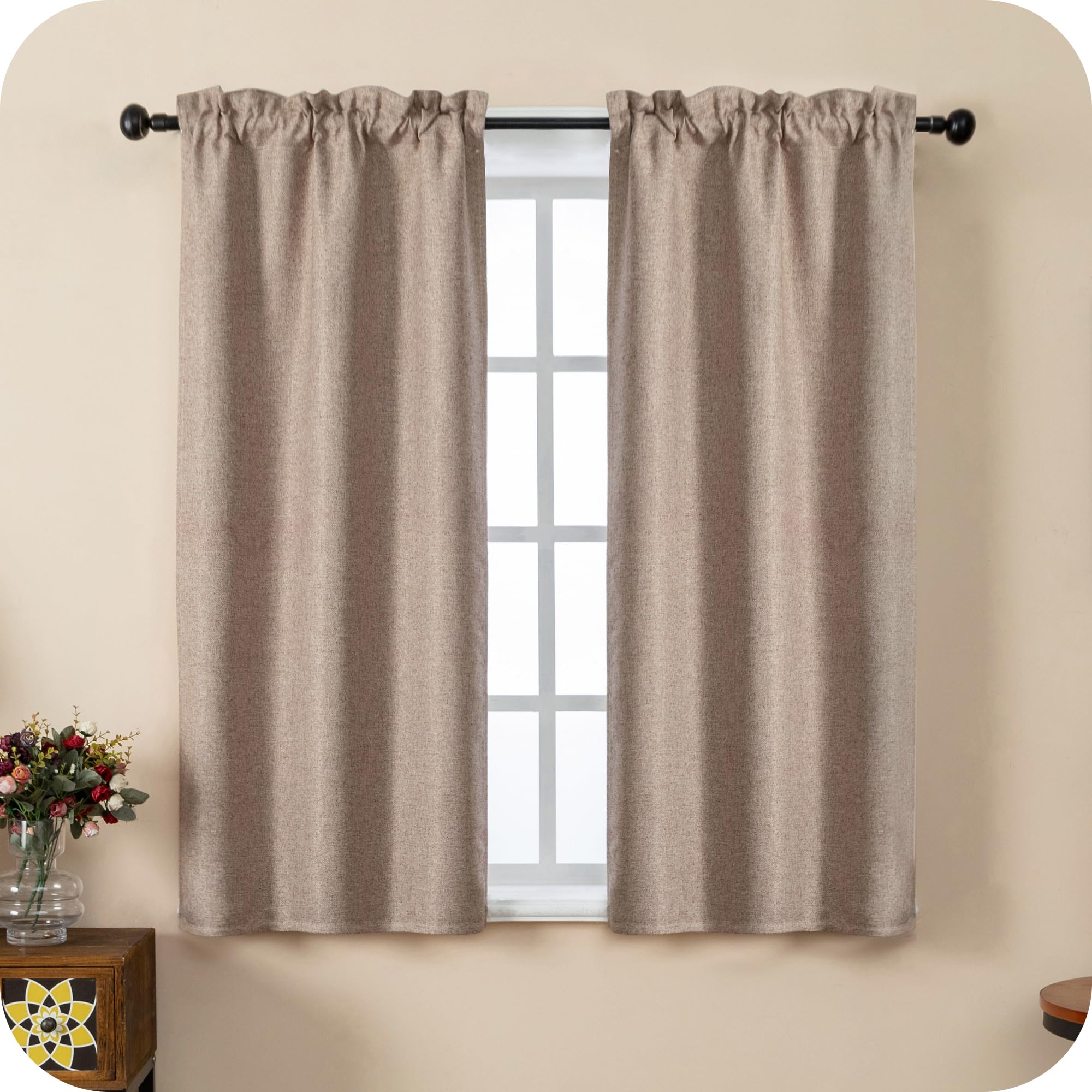 GIRASOLE HOME® Paire de rideaux semi-occultants effet lin texture nervurée lourde pour intérieur 2 panneaux avec poche (marron, 70 x 133 cm)