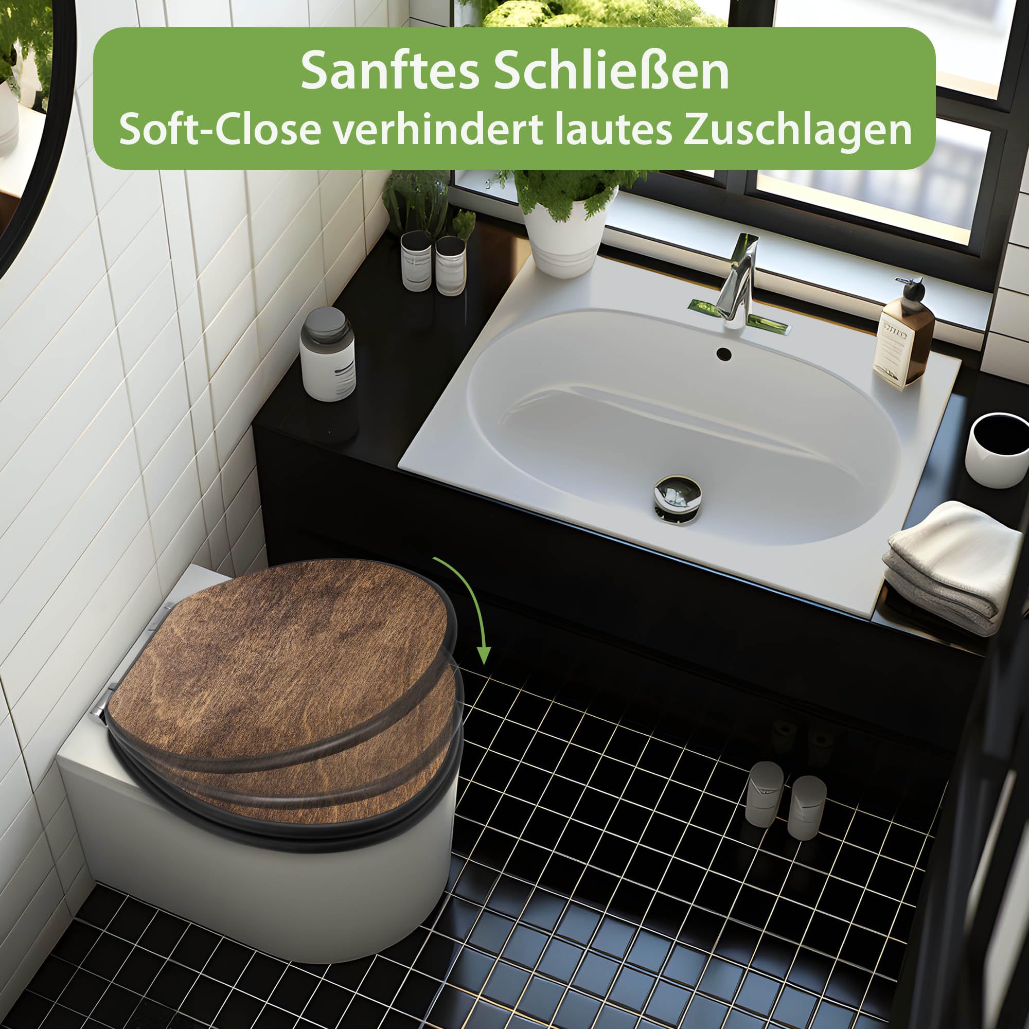 banjado WC Sitz Holzoptik - mit Absenkautomatik Softclose - 38 x 46,5cm O-Form - MDF Holz Toilettendeckel anthrazit - Klositz grau pflegeleicht für Badkomfort Motiv Holz Struktur Warm