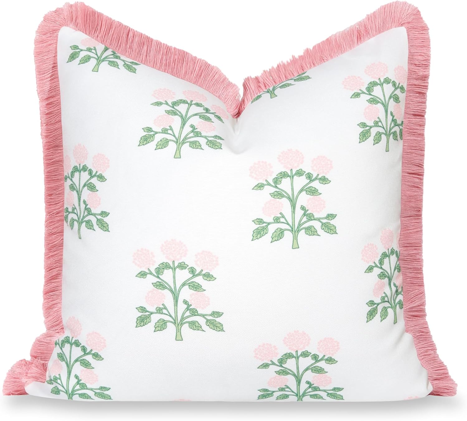Hofdeco Premium Grandmillennial Patio Indoor Outdoor Throw Pillow Cover Only, 20"x20" Water Repellent for Backyard, Couch, Poolside, Blush Pink Green Print Hydrangea Flowers