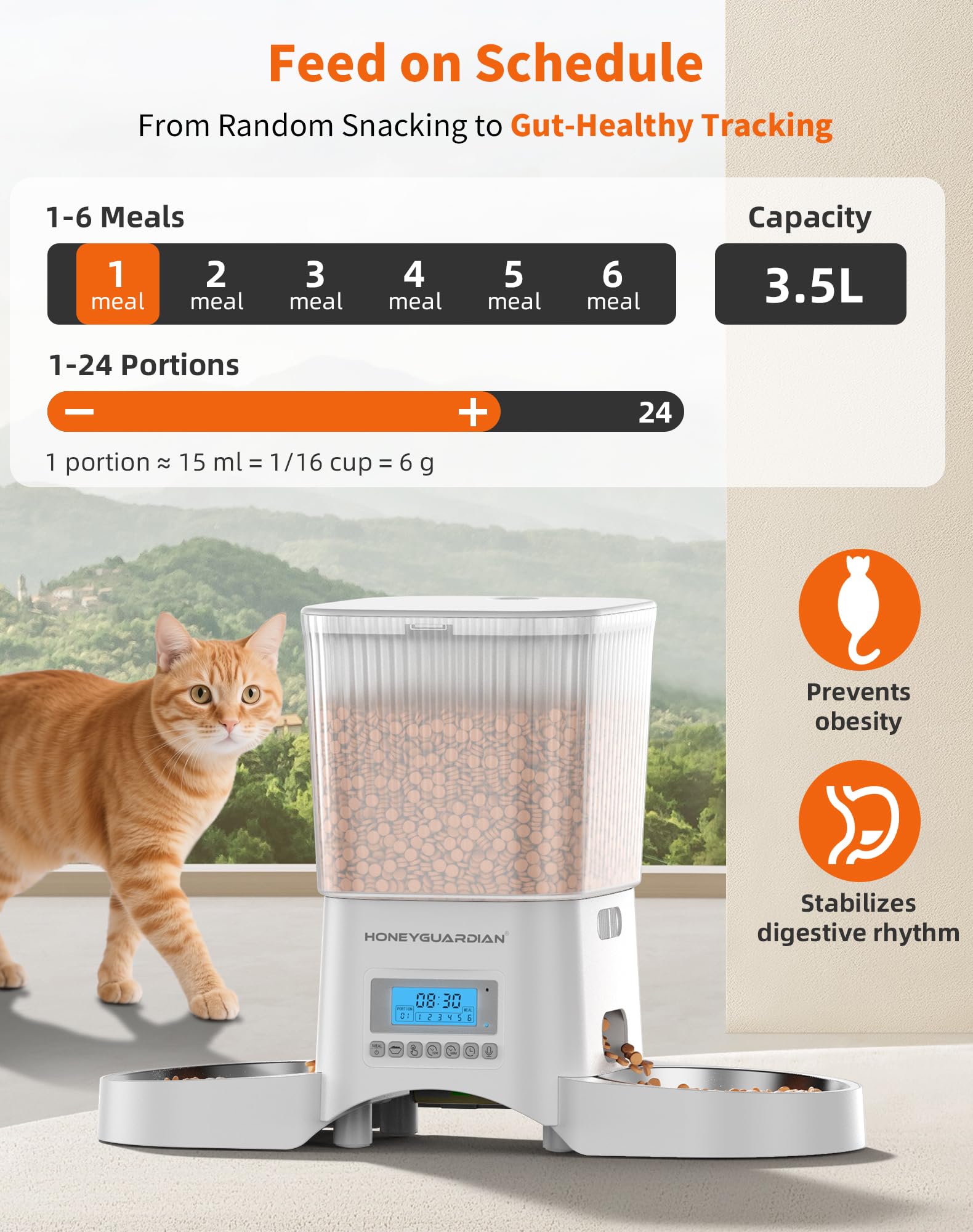 HONEYGUARIDAN Alimentatore automatico per gatti 2 gatti, alimentatore automatico per gatti da 3,5 L con timer, controllo delle porzioni programmabile (1-6 pasti al giorno), registrazione accompagnata