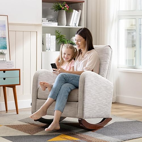 Miniatura 6 de Mecedora moderna para guardería, silla mecedora tapizada con respaldo alto copetudo, cómodo sillón decorativo con cojín grueso y bolsillo grande