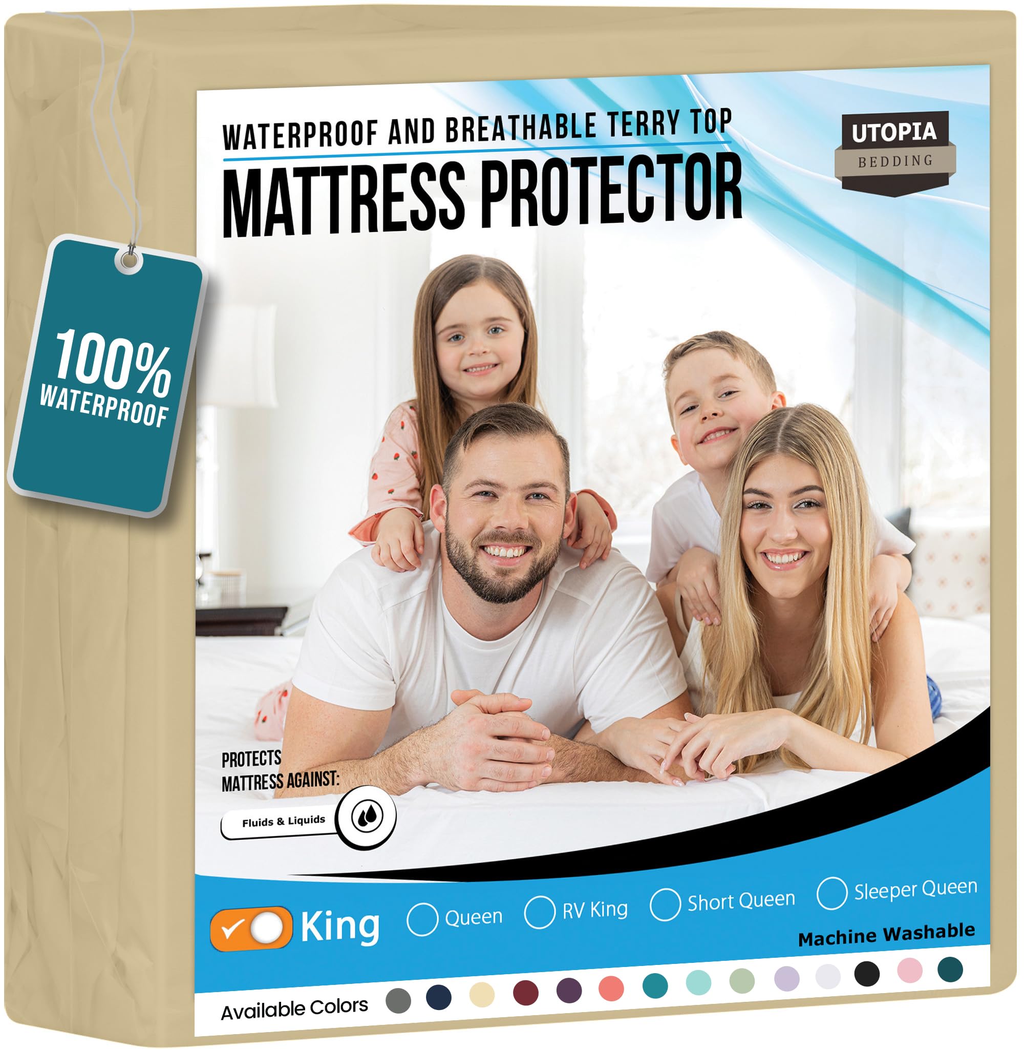 Utopia Bedding Waterproof Mattress Protector King Size, Premium Terry Mattress Cover 200 GSM, Breathable, Fitted Style with Stretchable Pockets (Beige)