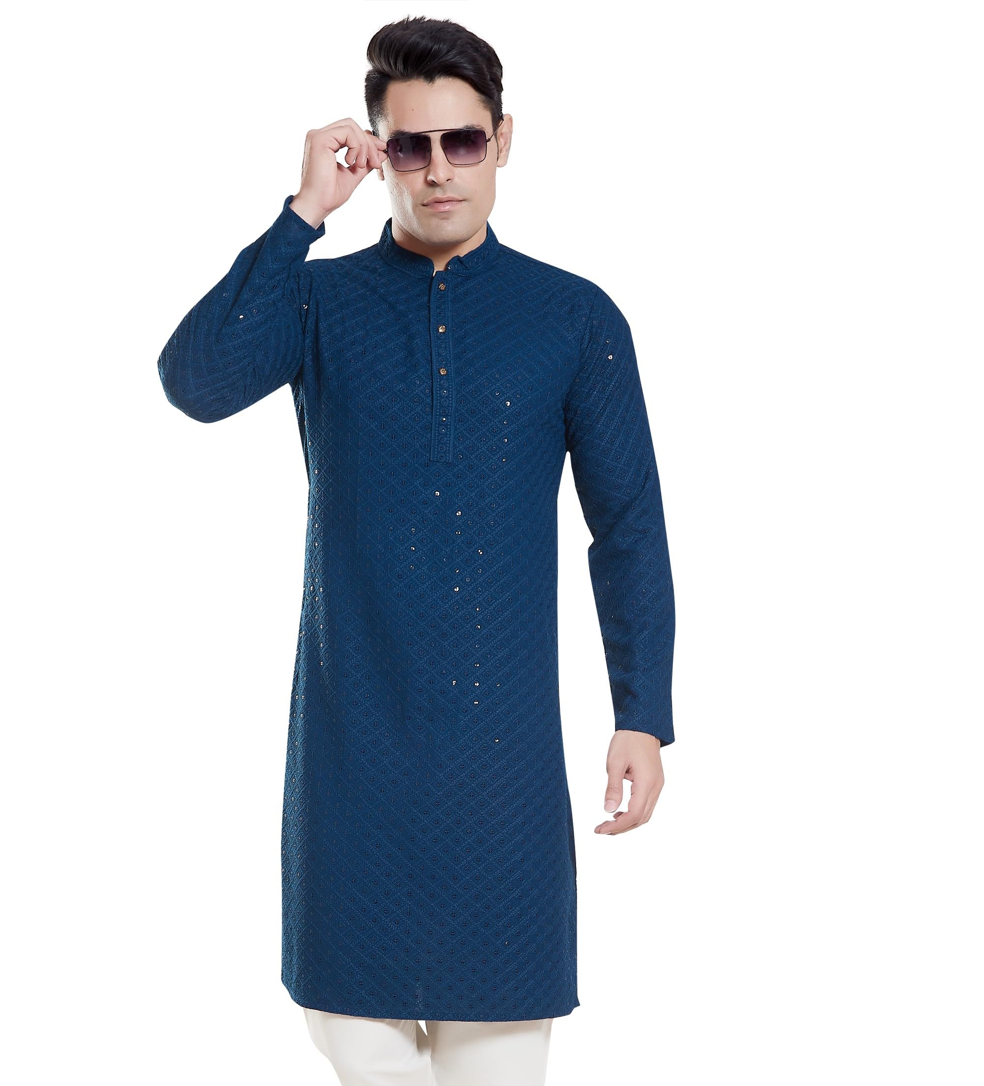 Divisive Men's Sequince Embroidered Cotton Blend Only Slim Fit Kurta (Dkrt132_M_Teal)