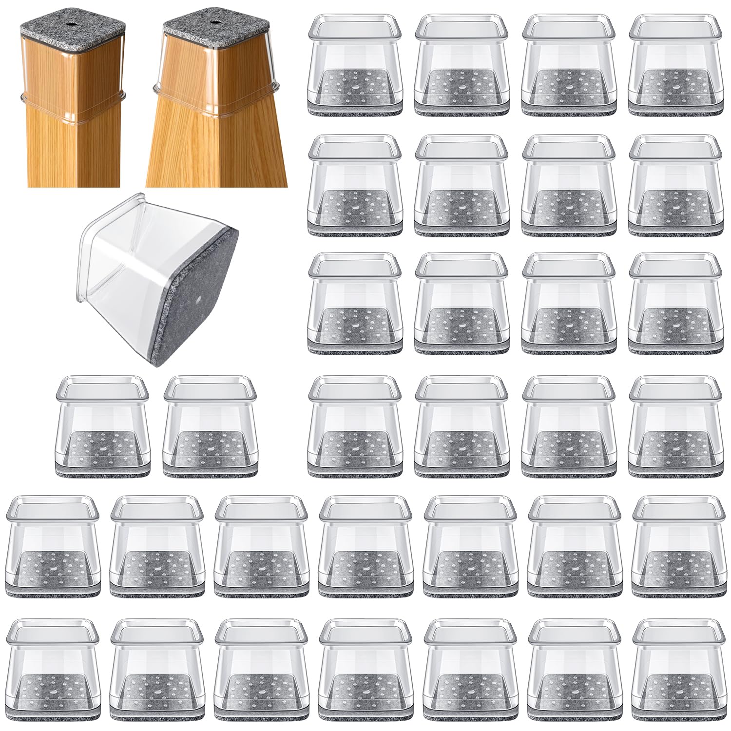 32 Pcs Square Chair Leg Protectors for Hardwood Floors, Furniture Sliders for Chair Legs, Felt Furniture Pads Floor Protectors, Silicone Chair Leg Caps Covers ?Extra Large fit: 1.45'' - 2''