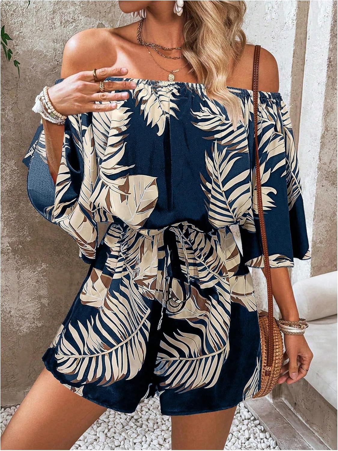 SHENHE Women's Off Shoulder Flutter Sleeve Boho Tropical Romper Short Jumpsuit Playsuit - Image 3