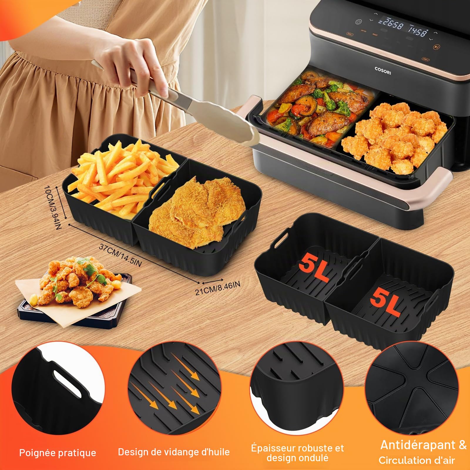 Moule Silicone Air Fryer pour COSORI Foodi Flex 10L Twinfry - 17Pièces Air Fryer Accessoires - 1x10L + 2x5L Silicone Réutilisable Plat, Grille Racks, Accessoires pour Cuisine