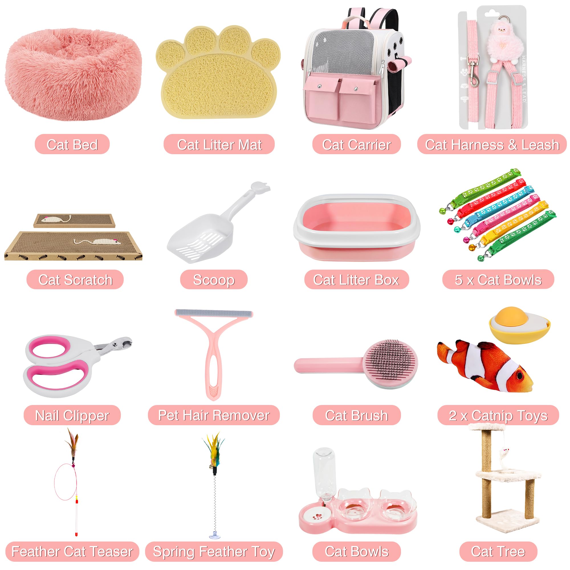 Kitten Starter Supplies Starter Kit, 20 pcs of Cat Essentials and Stuff, Including Cat Bed, Carrier, Litter Mat, Litter Box, Collar, Bowls,and Others, Perfect Choice for New Cat Owner (Baby Pink)