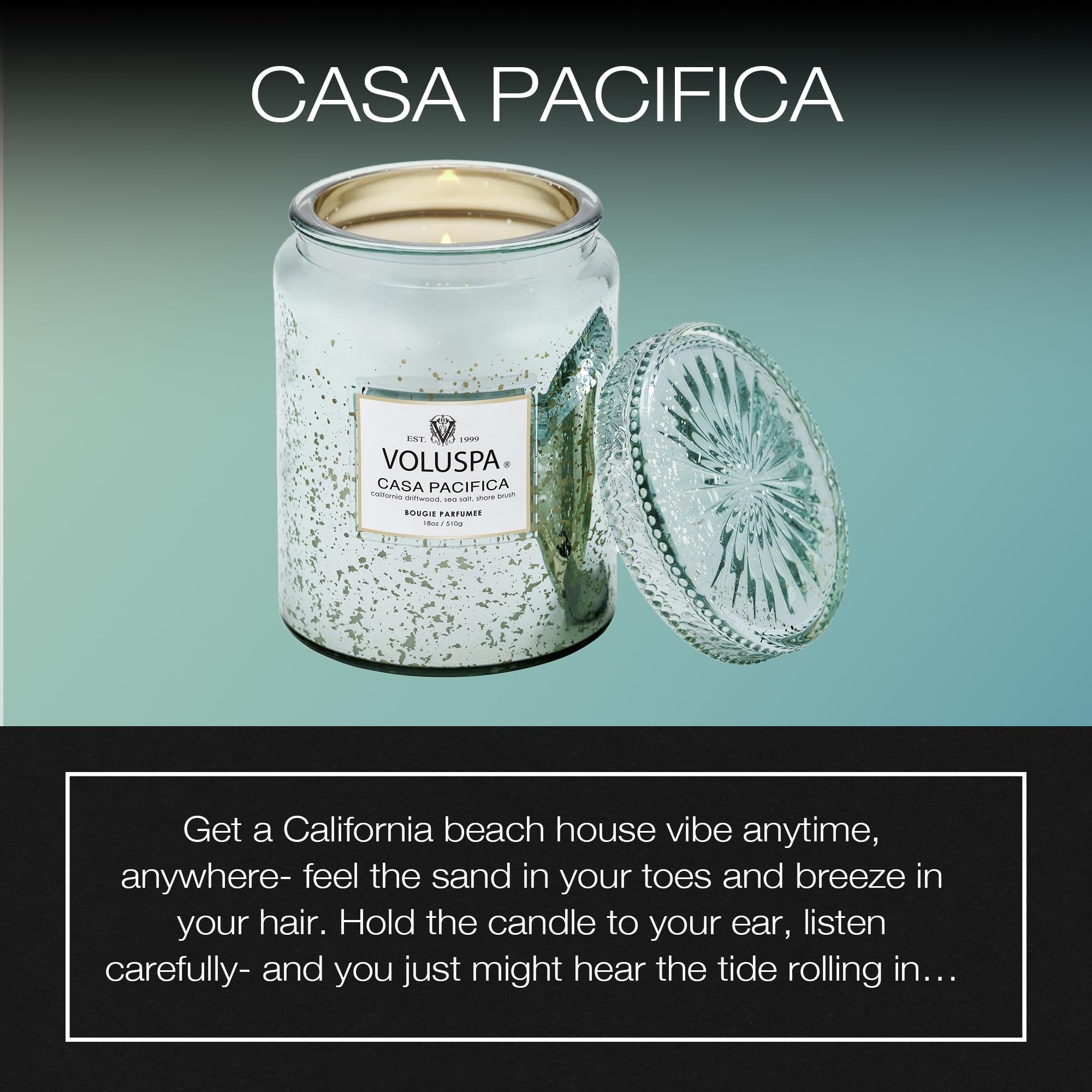 Voluspa Casa Pacifica, Large Candle Jar, 18 oz, 100 Hour Burn Time, Coconut Wax for Clean Burning, Handcrafted in The USA