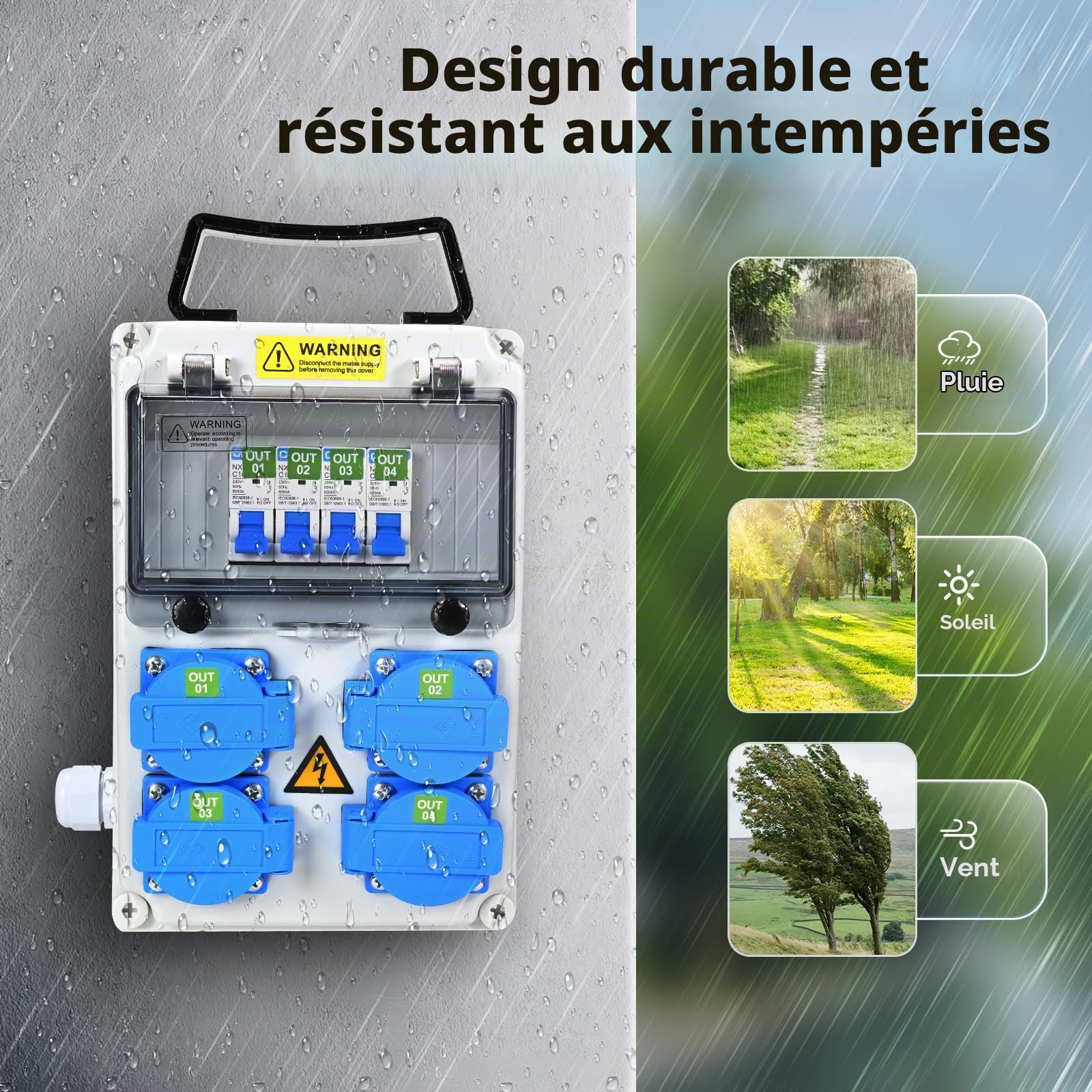 Coffret Électrique de Chantier 4×230 V, IP54 16A Coffret Chantier Répartiteur Mural avec Disjoncteur, Distributeur de Puissance pour Ateliers, Chantiers et Usines