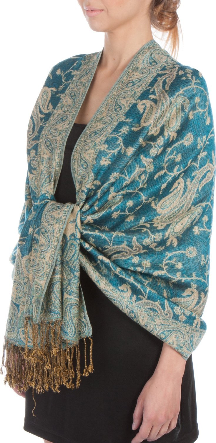 Sakkas Women's Teal / Gold Double Layer Jacquard Paisley Pashmina Shawl/Wrap / Stole, One Size, Paisley