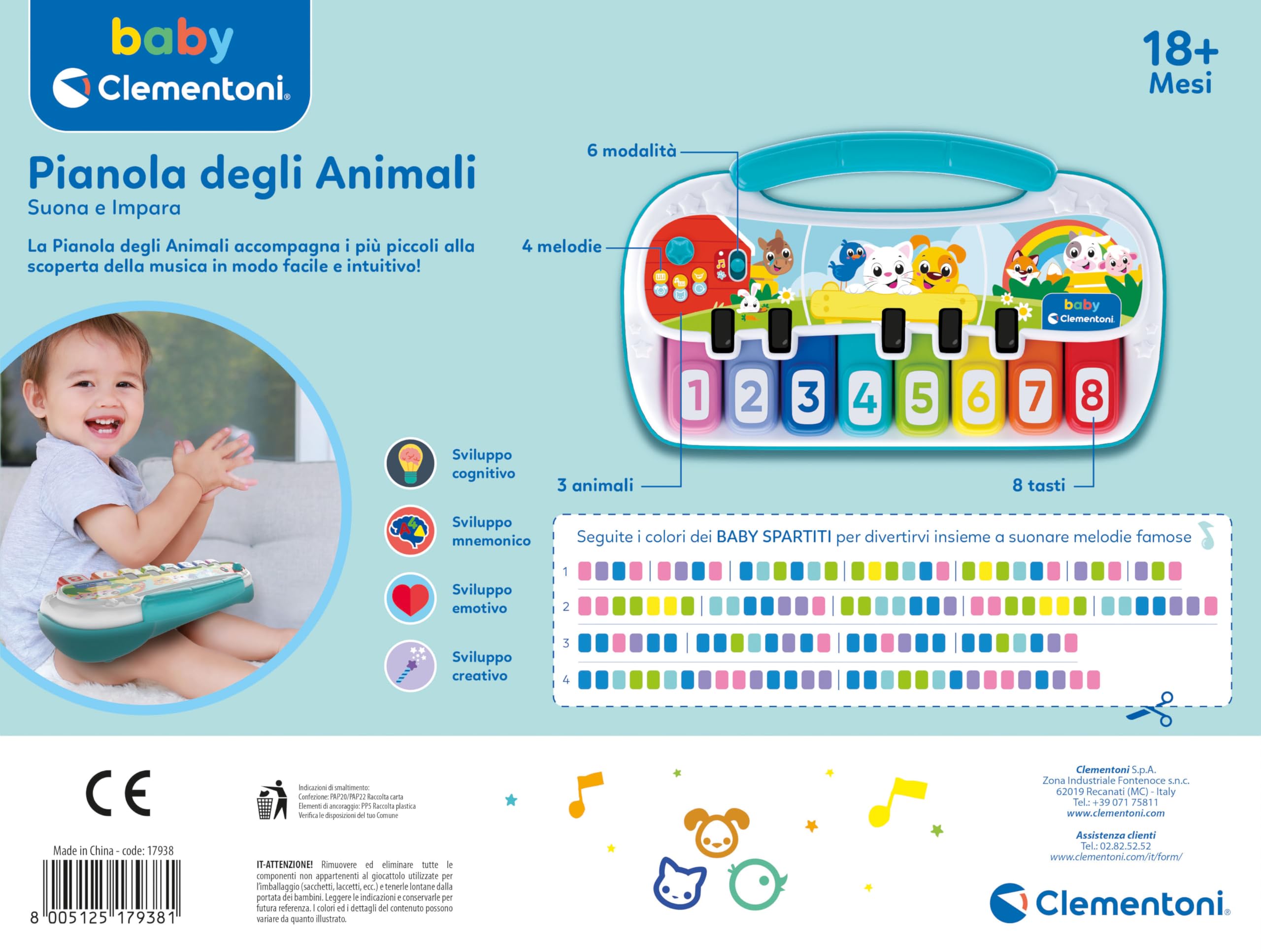 Clementoni Baby Pianola degli Animali, Gioco Musicale Prima Infanzia Bambini 18+ Mesi, Tastiera Elettronica Interattiva, Stimola Lo Sviluppo Cognitivo e Creativo, Lingua Italiana, 17938 - 4