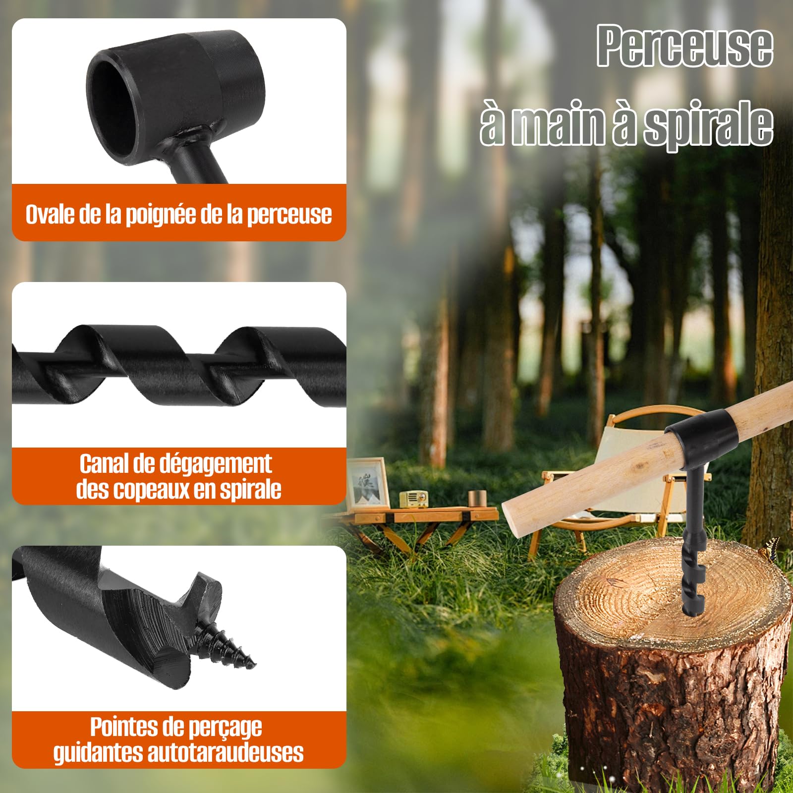 Bushcraft Lot de 4 forets à bois manuels avec tige en bois, pour le travail du bois, la survie en plein air, le camping, le travail de bushcraft